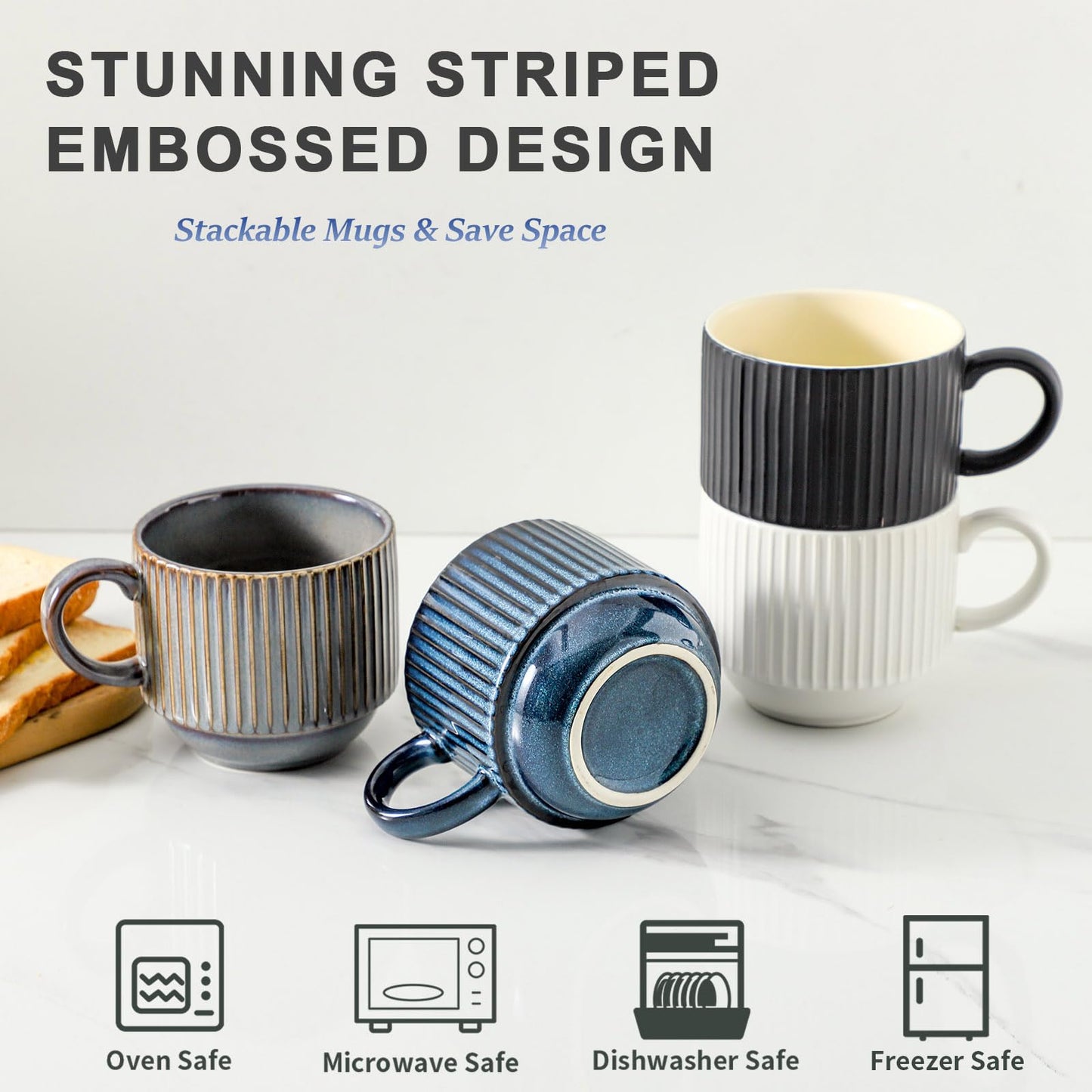 HASENSE 15 oz Ribbed Stackable Coffee Mug Set of 4, Porcelain Latte Cups with Metal Rack, Dishwasher & Microwave Safe, Cappuccino Tea Hot Cocoa, White BST220