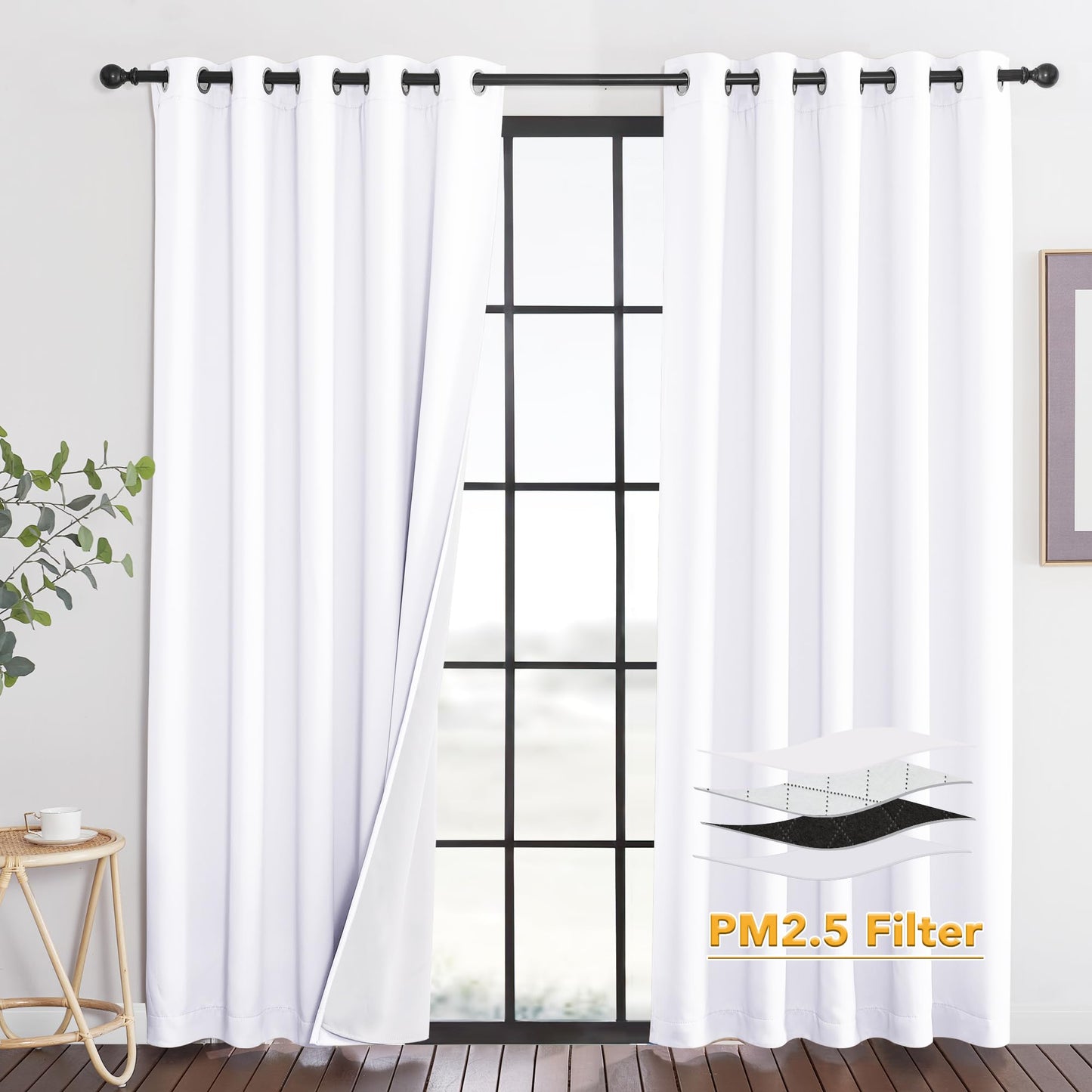 RYB HOME 4-in-1 Dust Filtering Soundproof Blackout Insulating Privacy Window Curtains for Nursery Bedroom Living Room Rivider Sound Absorption Sheet, Black, W52 x L90 inch, 2 Panels BST220