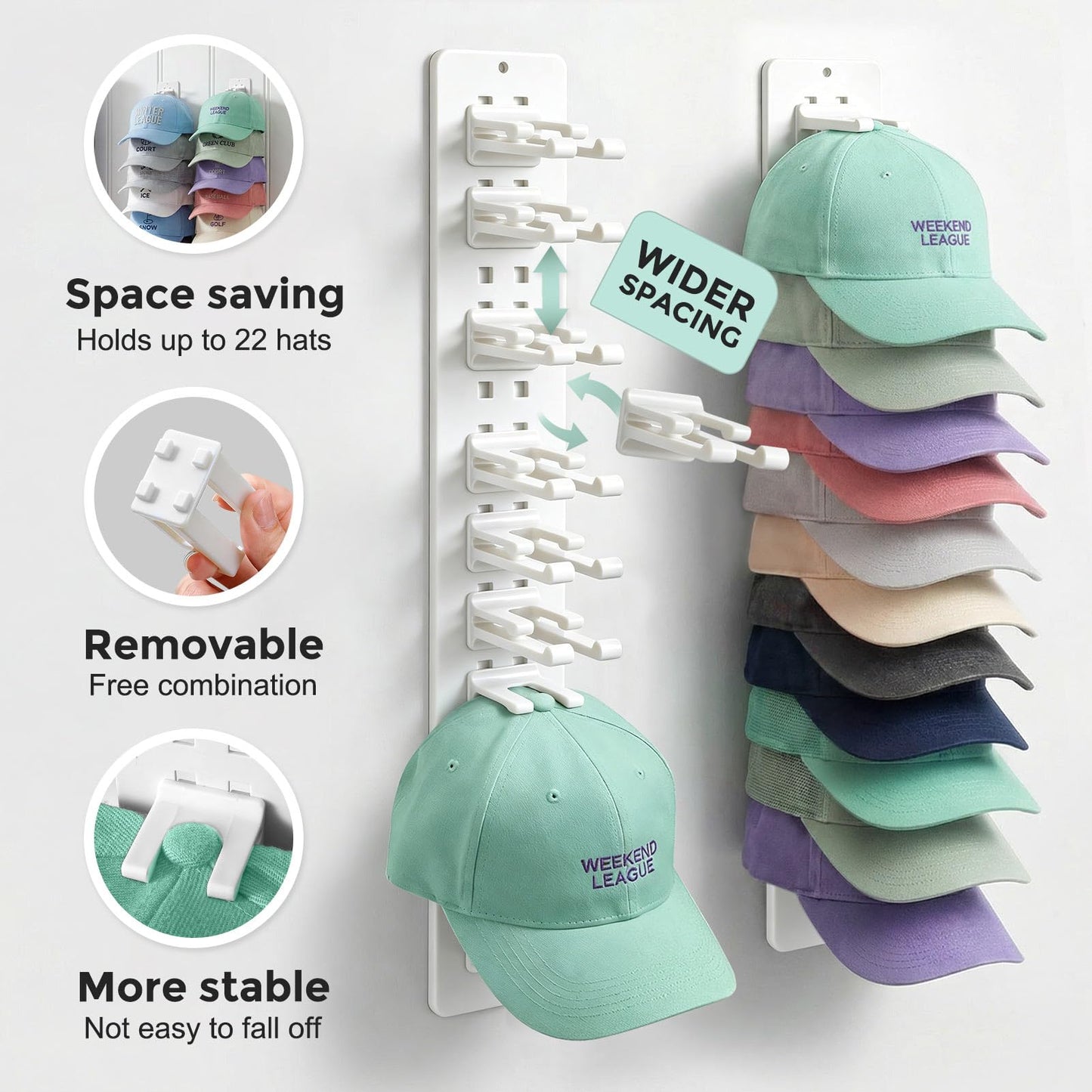 Hat Hook for Wall, 2 Pack Hat Organizer Hold up to 20 Hats,Hat Holder with Strong Adhesive and 8 Pack Screws, Cap Holder Hat Hangers for Wall Closet Door and Bedroom(B-Black) BST220
