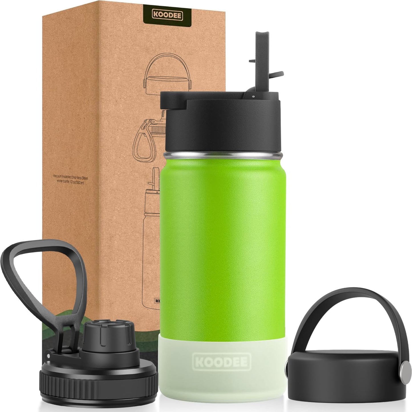 koodee Water Bottle-12 oz Stainless Steel Double Wall Vacuum Insulated Water Bottle for School-Wide Mouth Flask with Straw Lid (Teal) BST220