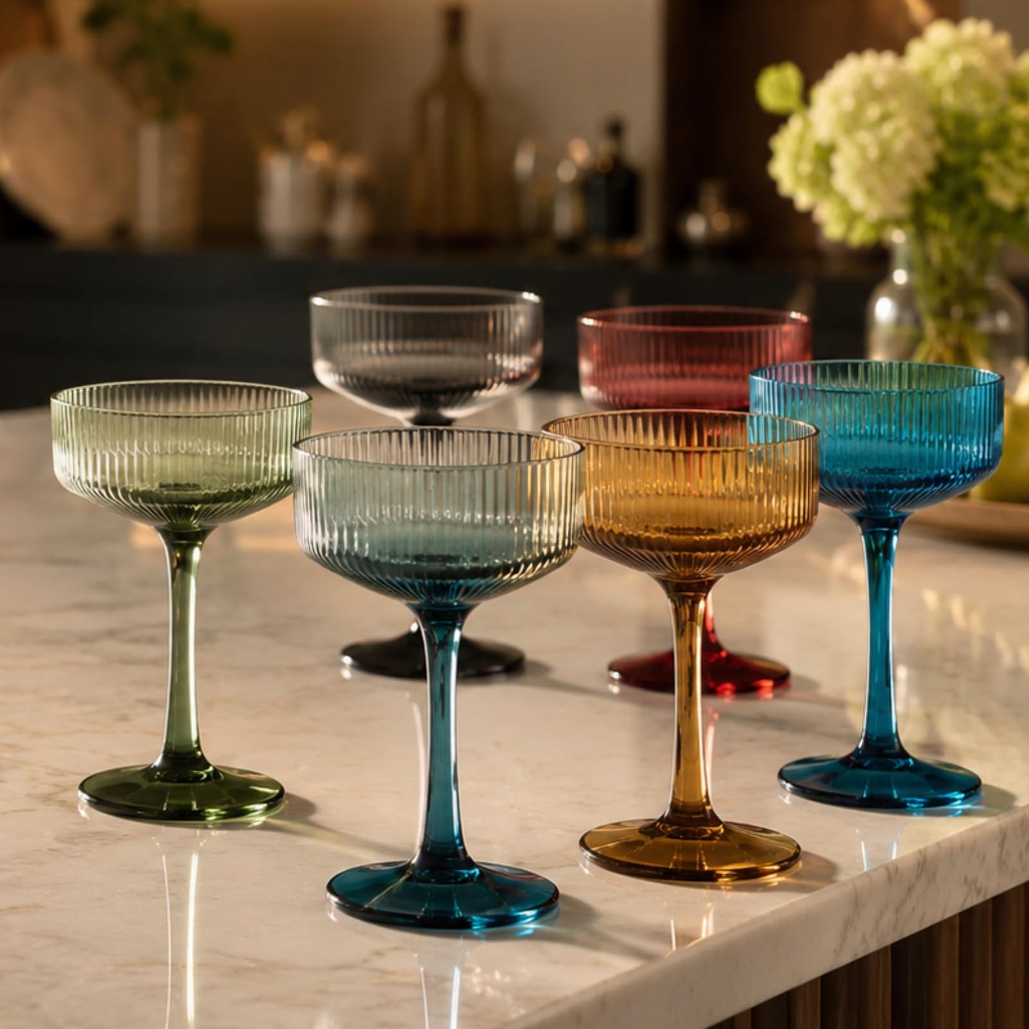 Khen Pink Peach Acrylic Ribbed Coupe Martini Champagne Cocktail Glasses, Set of 4, 8 oz Shatterproof Ripple Stemware European Style Reusable Drinkware Goblets, Indoor Outdoor Parties Weddings Bar Gift BST220