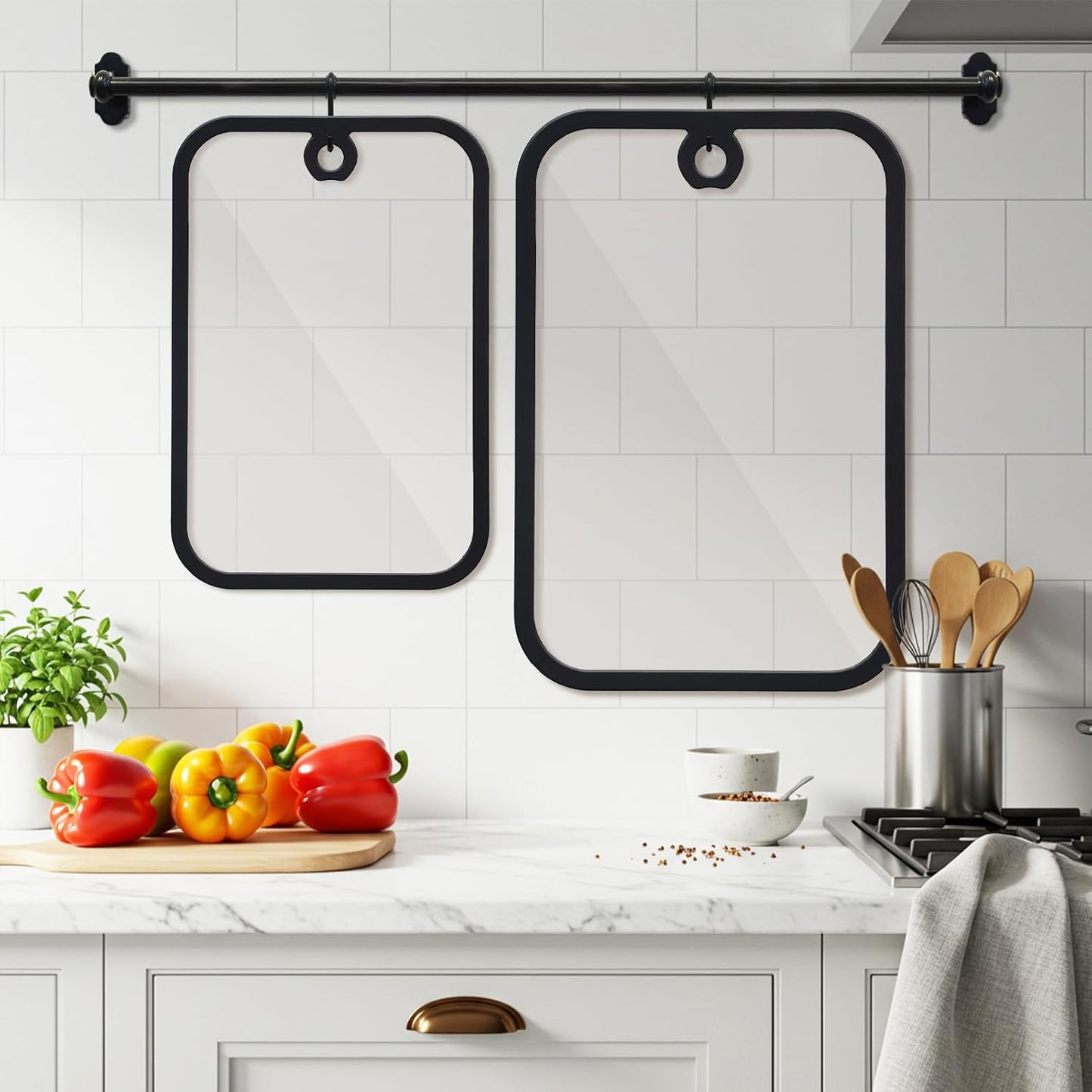 2 Pcs Tempered Glass Cutting Board Set 0.31inch Thick Tempered Glass Black Silicone Edged Chopping Boards with Hanging Holes for Kitchen Countertop & Serving, Dishwasher Safe BST326H