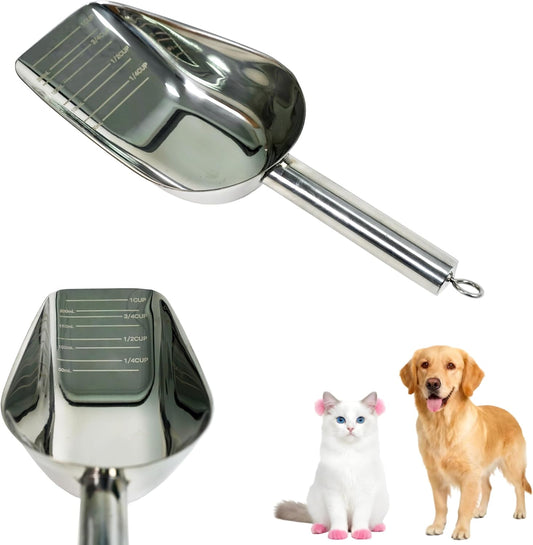 Dog and Cat Food Scoop, 1 Cup Stainless Steel Measuring Scooper with Long Handle for Pet Food, Ice Machine & Freezer, Easy to Clean & Store BST326L