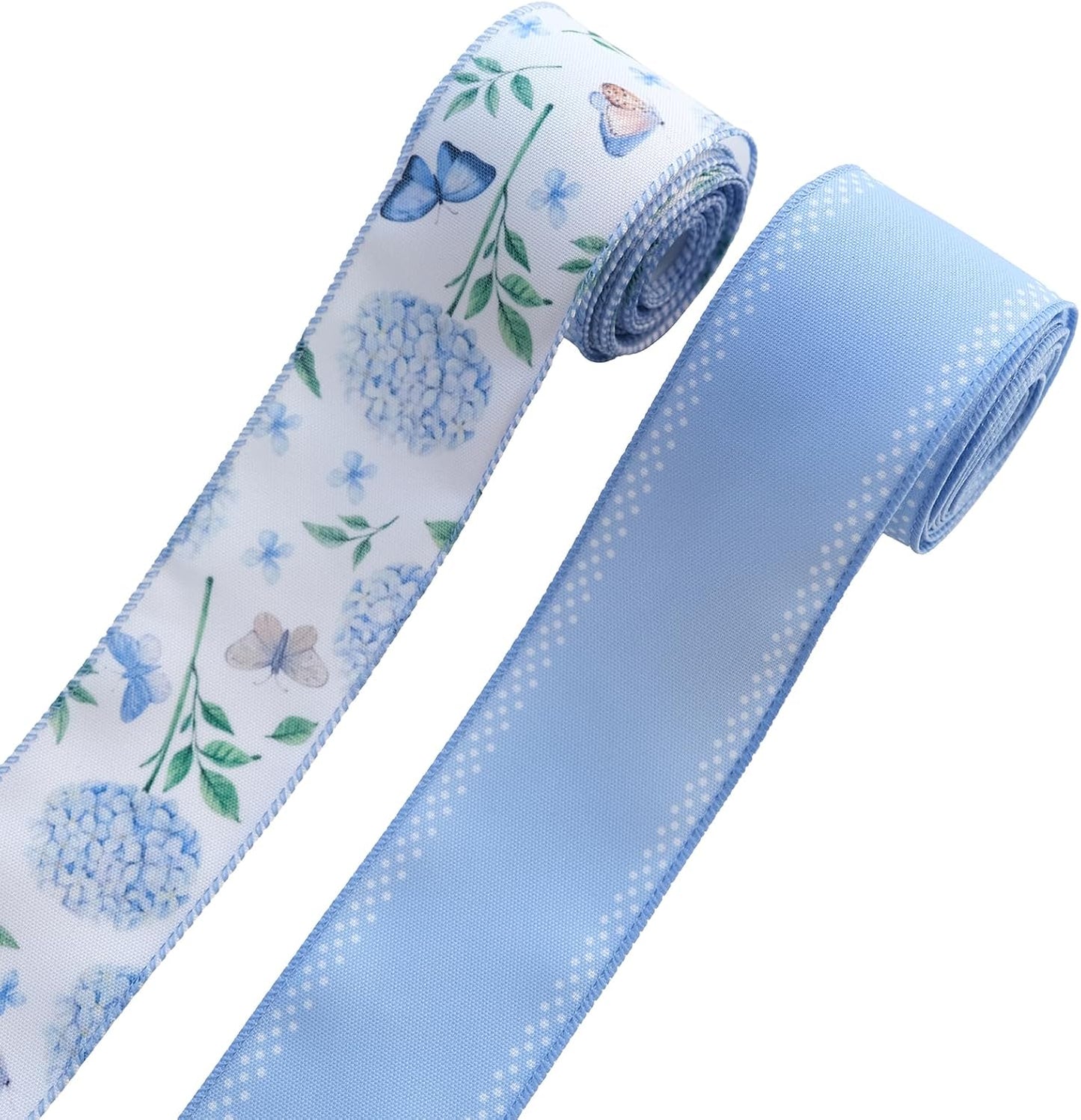 2 Rolls 10 Yards Spring Blue White Floral Wired Ribbons for Wreath Bows Wrapping Gifts, Hydrangea Butterfly Ribbon for Holiday Wedding Birthday Baby Shower Party Décor Summer DIY Crafts 2.5" BST202