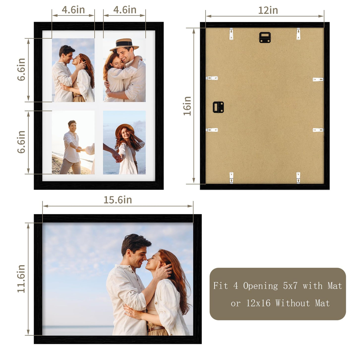 YESKAY 12x16 Picture Frame - 12 x 16 Photo Frame Made of Solid Oak Wood and Real Glass,Display Picture 4 Opening 5x7 with Mat or 12x16 Without Mat for Wall Mounting(Color Walnut) BST326H