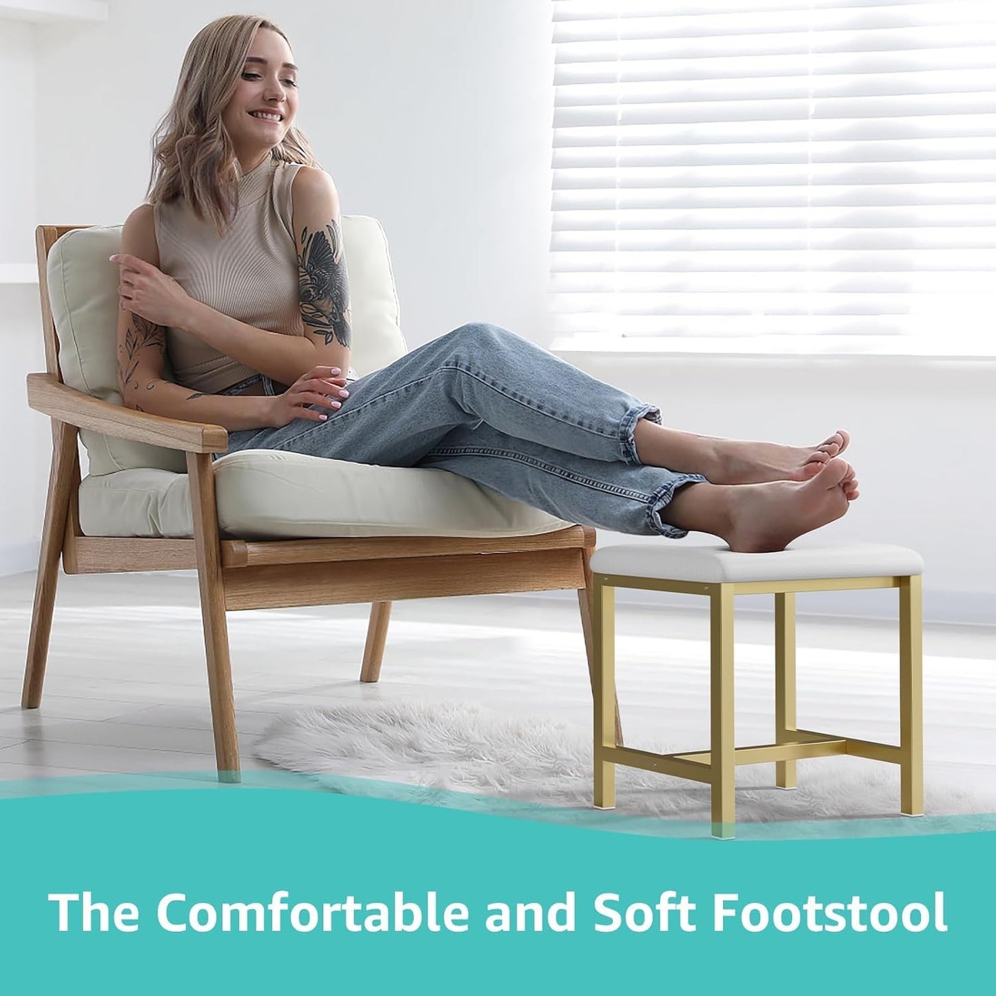 Small Vanity Stool, Cute Vanity Stools with Cushion, White Gold Makeup Vanity Chair for Small Spaces, Living Room, Bedroom, Bathroom, Entryway, Ottoman Foot Rest for Couch Sillas Modern