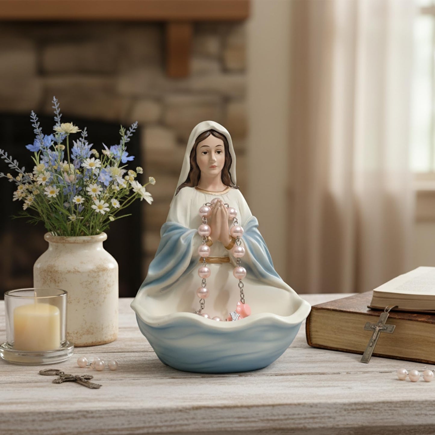 Blessed Mother Statue, Hand Painted Virgin Mary Rosary Holder Catholic Gifts for Women, 6 Inches Saint Mary Statue Religious Home Tabletop Altar Decor (Pink) BST202