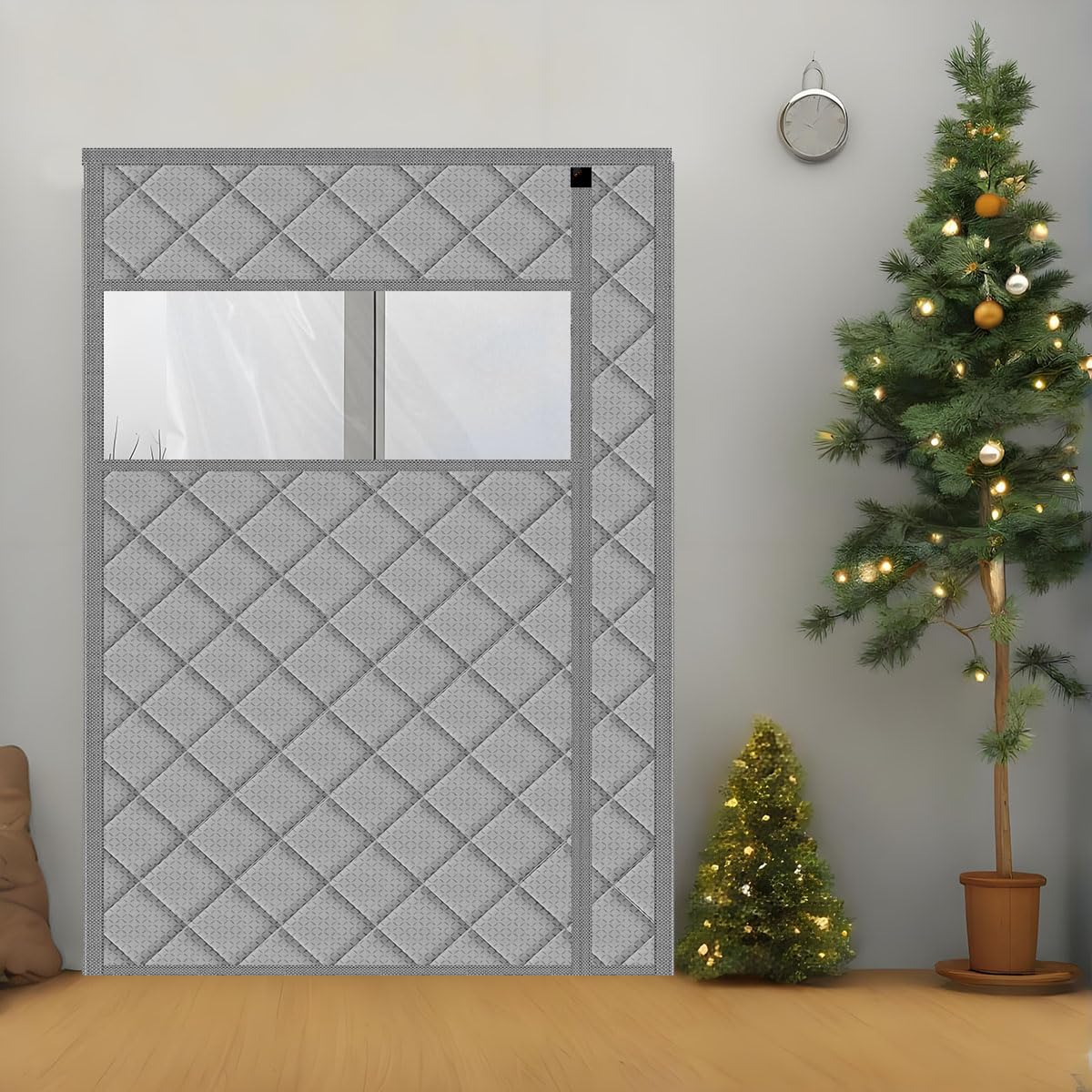 Thermal Door Curtain Fits Doors Size 38"x80"，Curtain Size 41"x82", Magnetic Insulated Curtain Side Open Keep Warm in Winter Cool in Summer,Diamond Pattern,Gray WN420