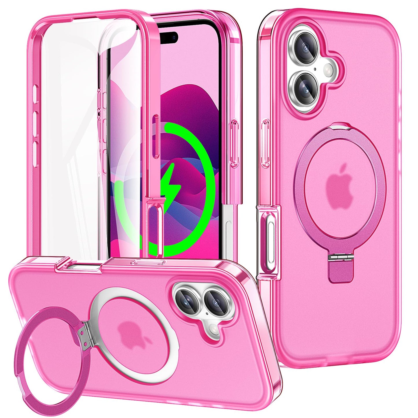 for iPhone 13 Pro Full Body Shockproof Case with Magnetic Invisible Stand [Compatible with MagSafe] Built-in Screen Protector Military Drop ProtectionTranslucent Phone Cover -Hot Pink WN420