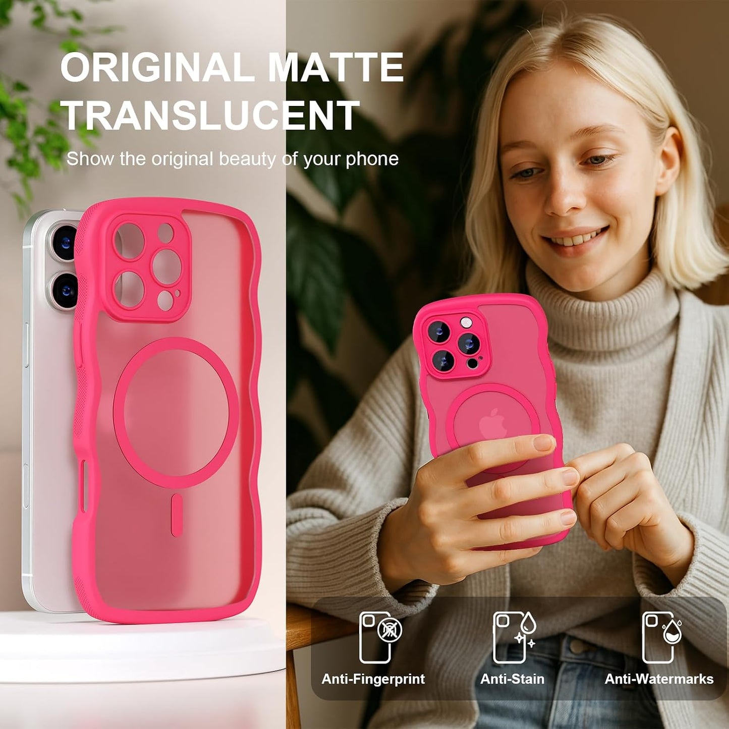 QVLANG Case for iPhone 16 Pro Max, Cute Wave Cover Case, Upgraded[Full Camera Protection][Compatible with Magsafe][Military Grade Protection][Translucent Matte] Phone Case for Women Girls, Hot Pink WN420