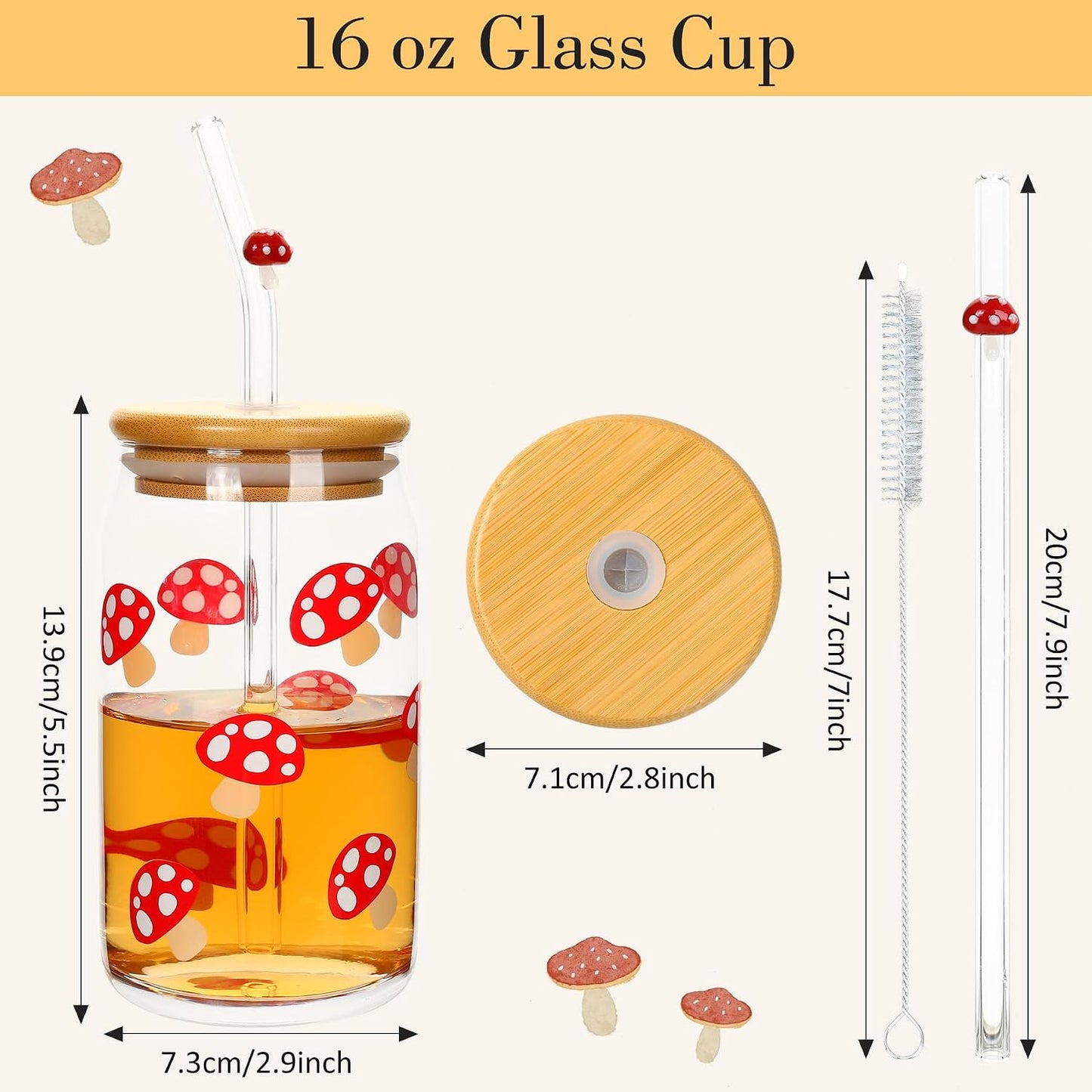 Mushroom Cup 16oz Mushroom Glass Cup with Bamboo Lid and Straw, Mushroom Things Mushroom Stuff, Mushroom Drinking Cup Coffee Tea Soda Mug Tumbler, Mushroom Gifts for Women Mushroom Lovers BST202
