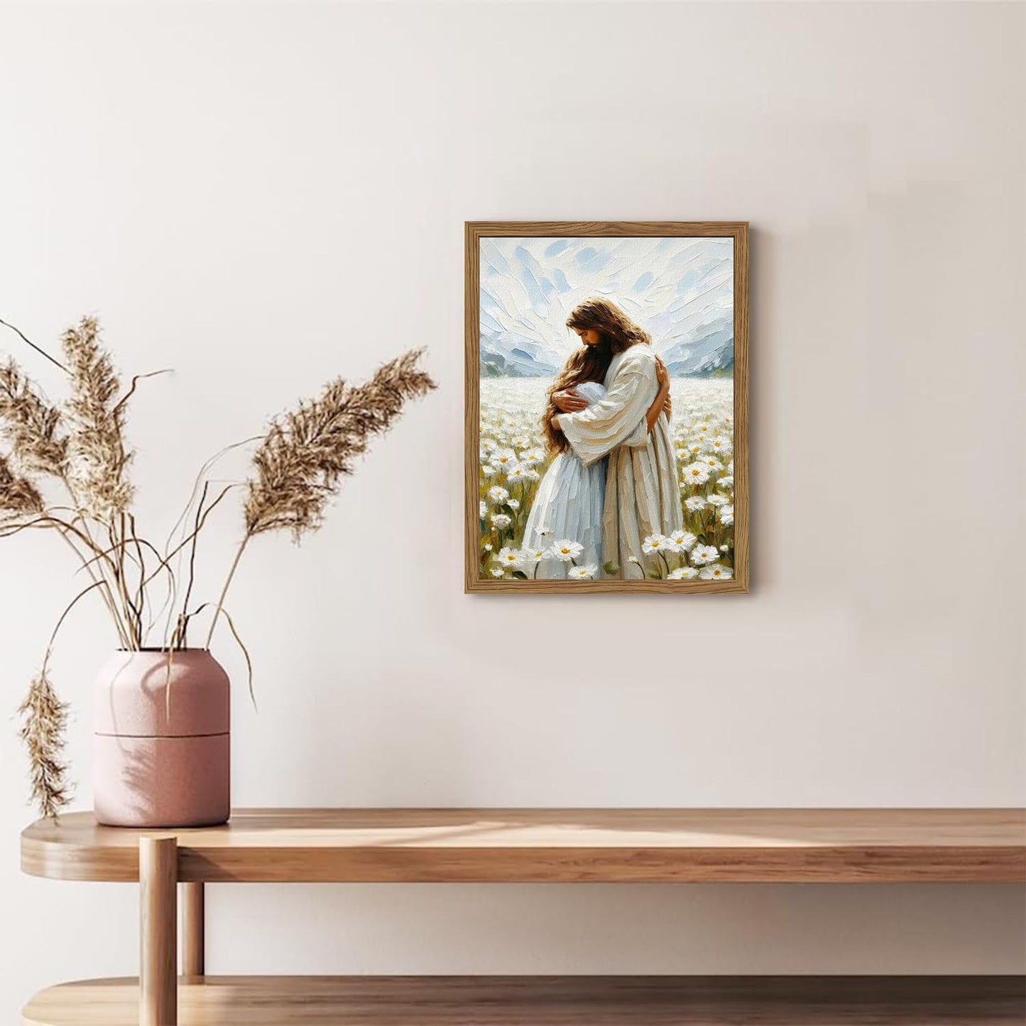 Framed 3D Textured Jesus Embracing Woman Wall Art, Jesus Hugging Woman Wall Decor Hand Drawn Sandstone Religious Christian Bible Painting Pictures for Bedroom Living Prayer Room 12x16 in Wood Framed BST202