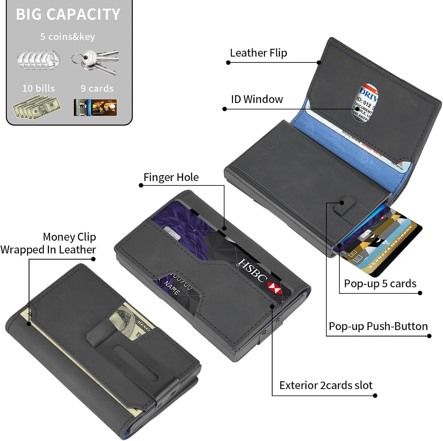 Mens slim Wallet，with RFID Shielding, Holds 9 Cards Easily, metal wallet， card wallet for Men, Minimalist Wallet For Men, Made of aluminum and Pu Synthetic Leather, Includes Cash clip (Black) BST202