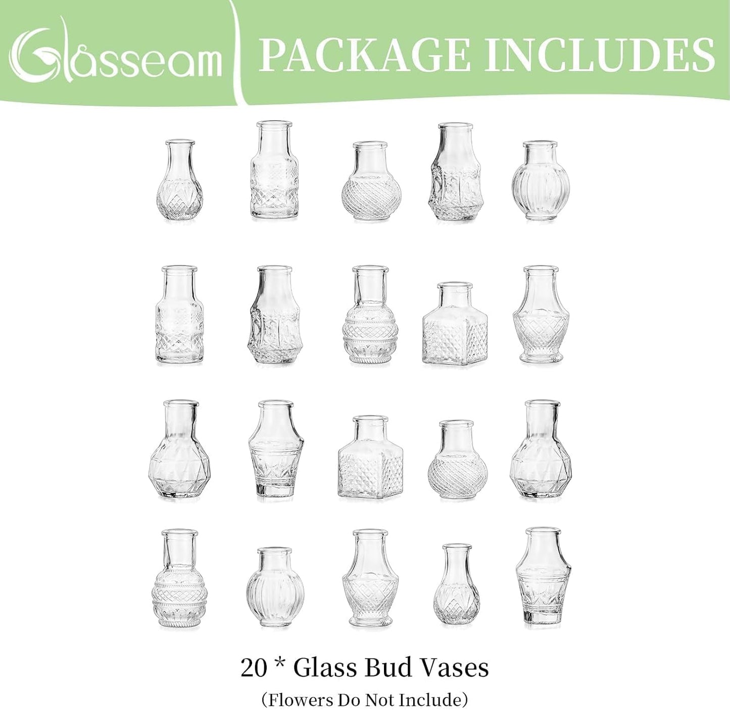 Glasseam Mini Bud Vases for Centerpieces: 20Pcs Clear Glass Vases in Bulk | For Single Flowers, Small Stems, Tiny 2.7", Embossed Thick Glass, Wedding, Party, Baby Shower, Dining Room Table Decoration BST326H