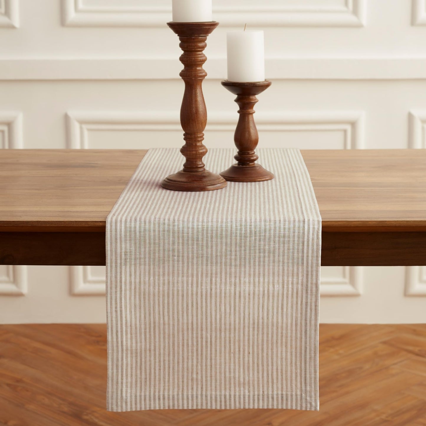 Solino Home 100% Pure Linen Table Runner Stripe Striped, Julia 14 x 72 in | Table Runners for dining, hallway and console tables; woven stripe, mitered corners; Muted Pastel Stripe; OEKO-TEX Certified BST326SOLH