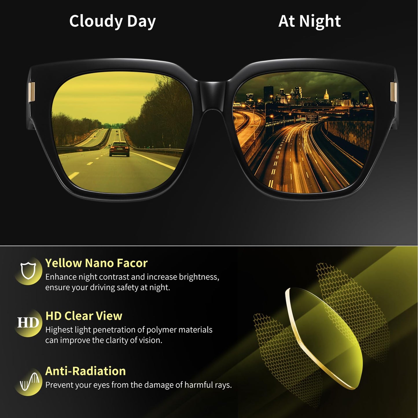 HAOLOTA Night Vision Driving Glasses Fit Over Glasses for Women Men, Anti Glare Polarized Nighttime Yellow Lens WN420