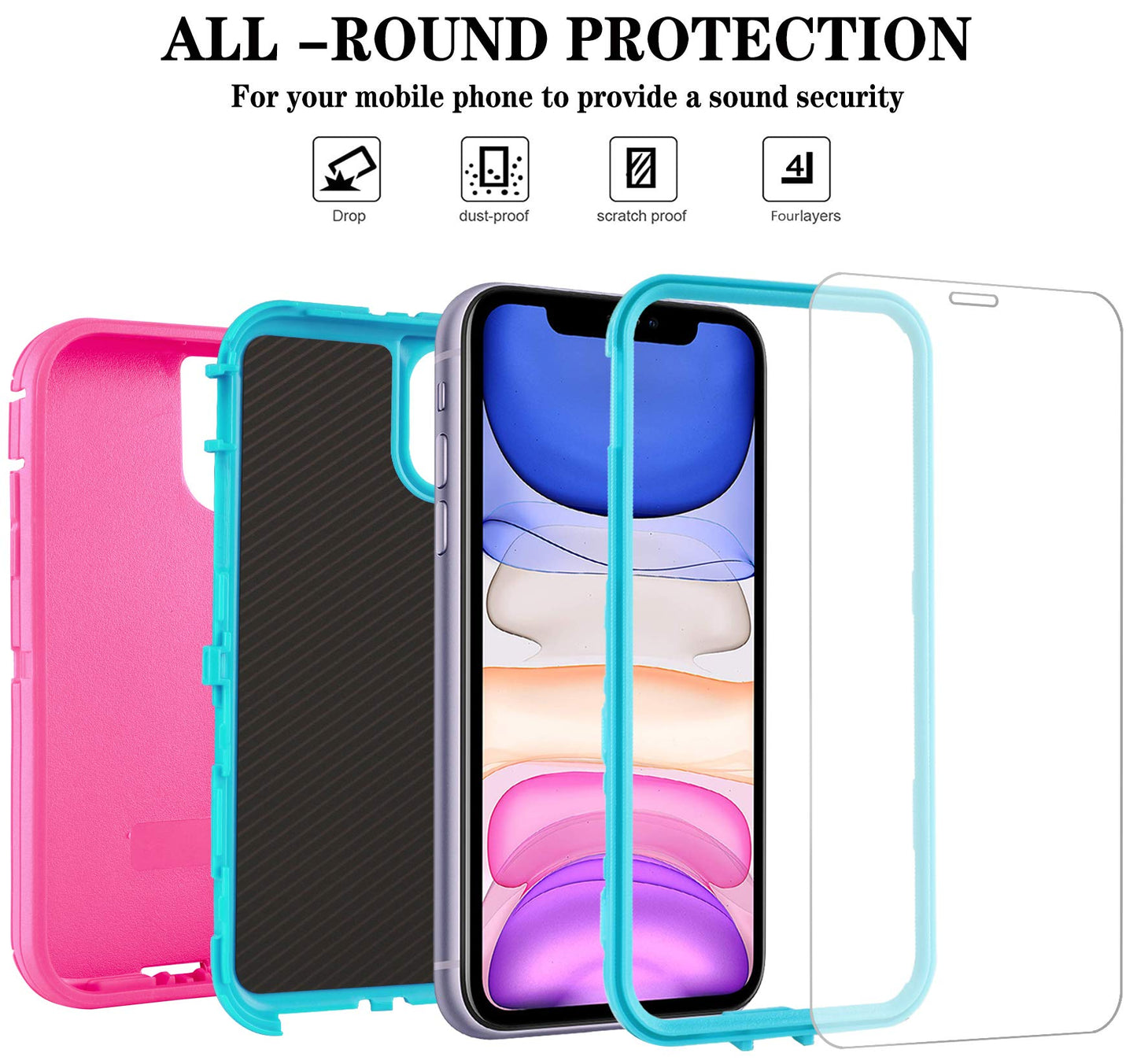 for iPhone 11 Case with Belt Clip Holster Kickstand & 2 Screen Protector, Full Protection Heavy Duty Phone Case, Shockproof Drop-Proof Durable Cover 6.1" [Black+Clip] WN420