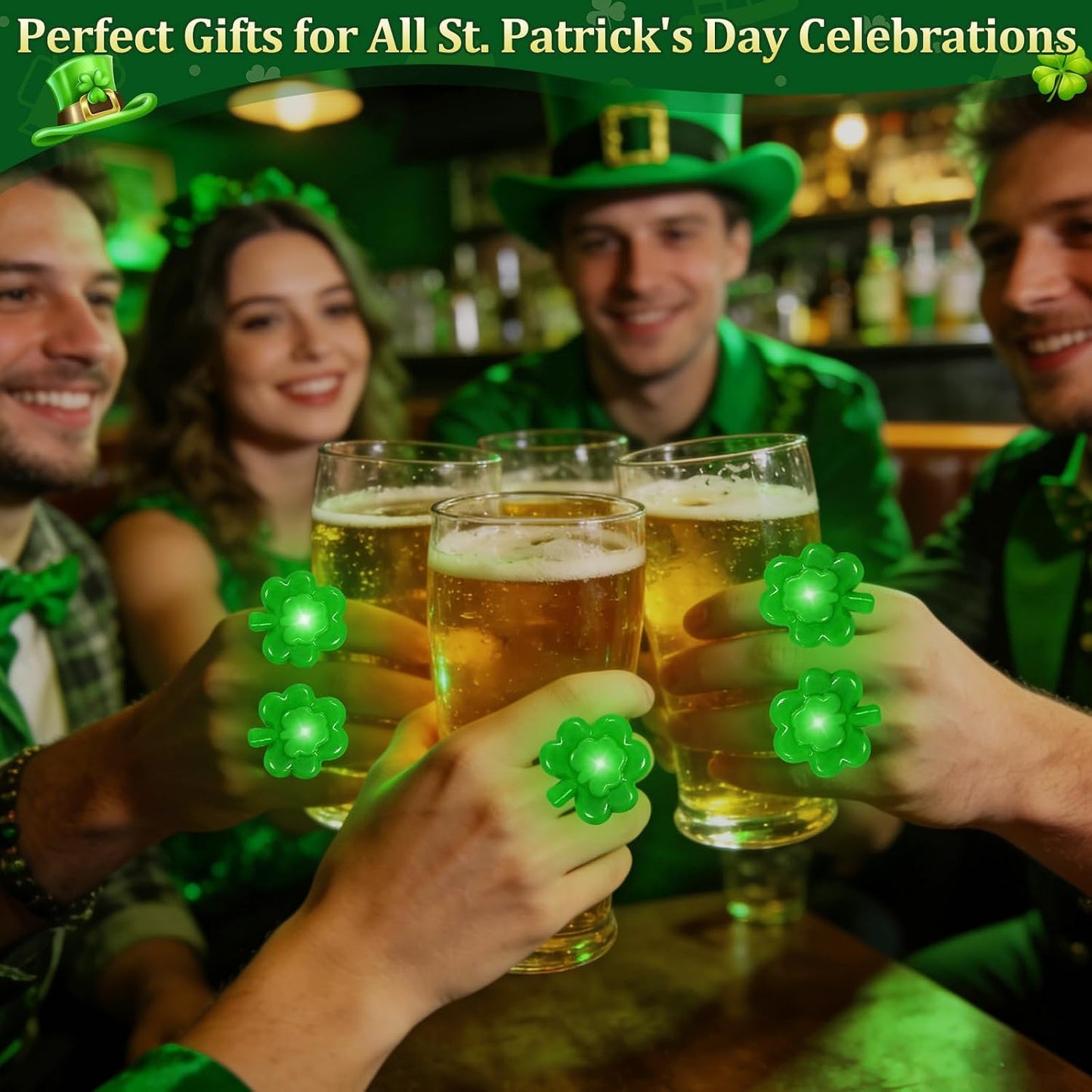 iGeeKid 24 Pack St. Patricks Day Green Shamrocks LED Light Up Ring for Adults St. Patricks Party Accessories Favors LED Finger Lights Glow in The Dark Carnival Party Supplies Gift Toy WN420