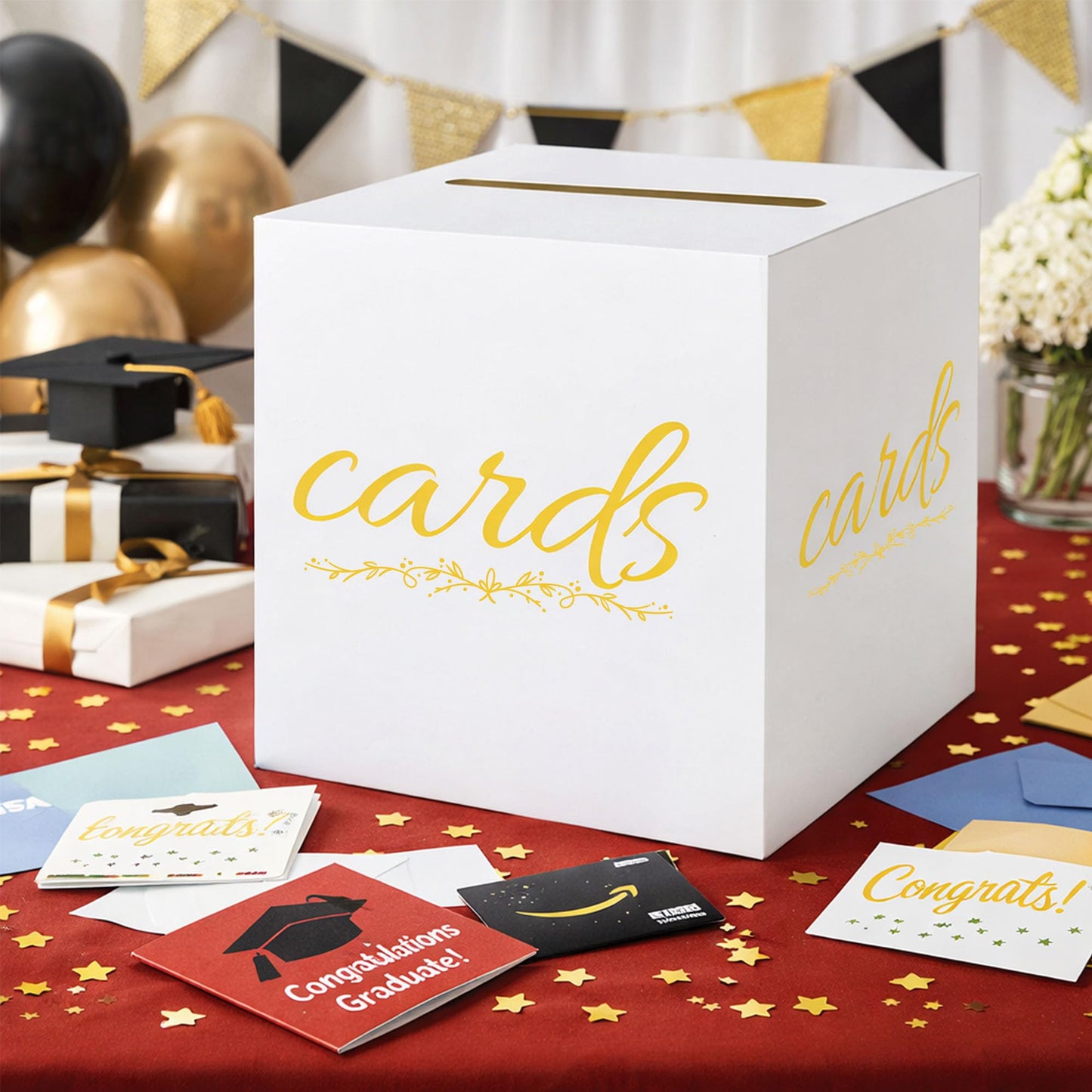1 Pack White and Gold Wedding Card Box for Party Graduation Bridal Baby Shower Retirement Decorations Cardboard Birthday Card Holder Raffle Ballot Voting Box with Slot 7.8 x 7.8 x 7.8 In BST220