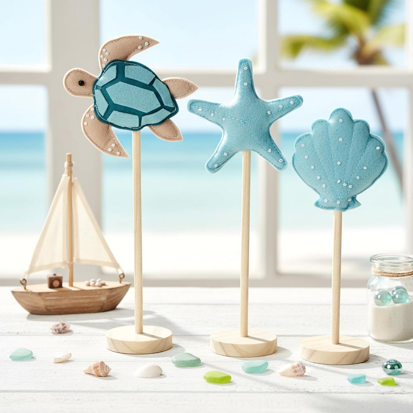 Yousoontic 3 Pcs Coastal Beach Ocean Nautical Table Decor - Felt Turtle Starfish Shell Centerpieces, Nautical Standing Wooden Home Decor for Summer Holiday Kitchen BST202