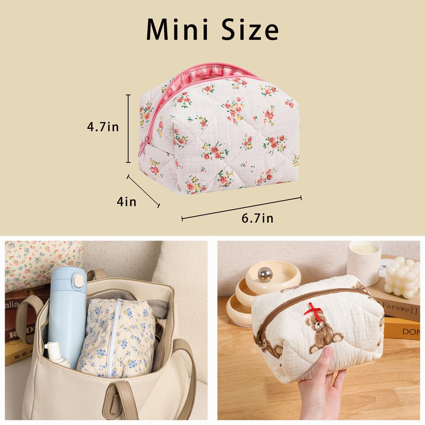 Cute Small Floral Cotton Makeup Bag, Quilted Zipper Pouch with Coquette Bear for Women and Girls, Kawaii Travel Cosmetic Bags for Purse(07Yellow and Pink Flower) BST220