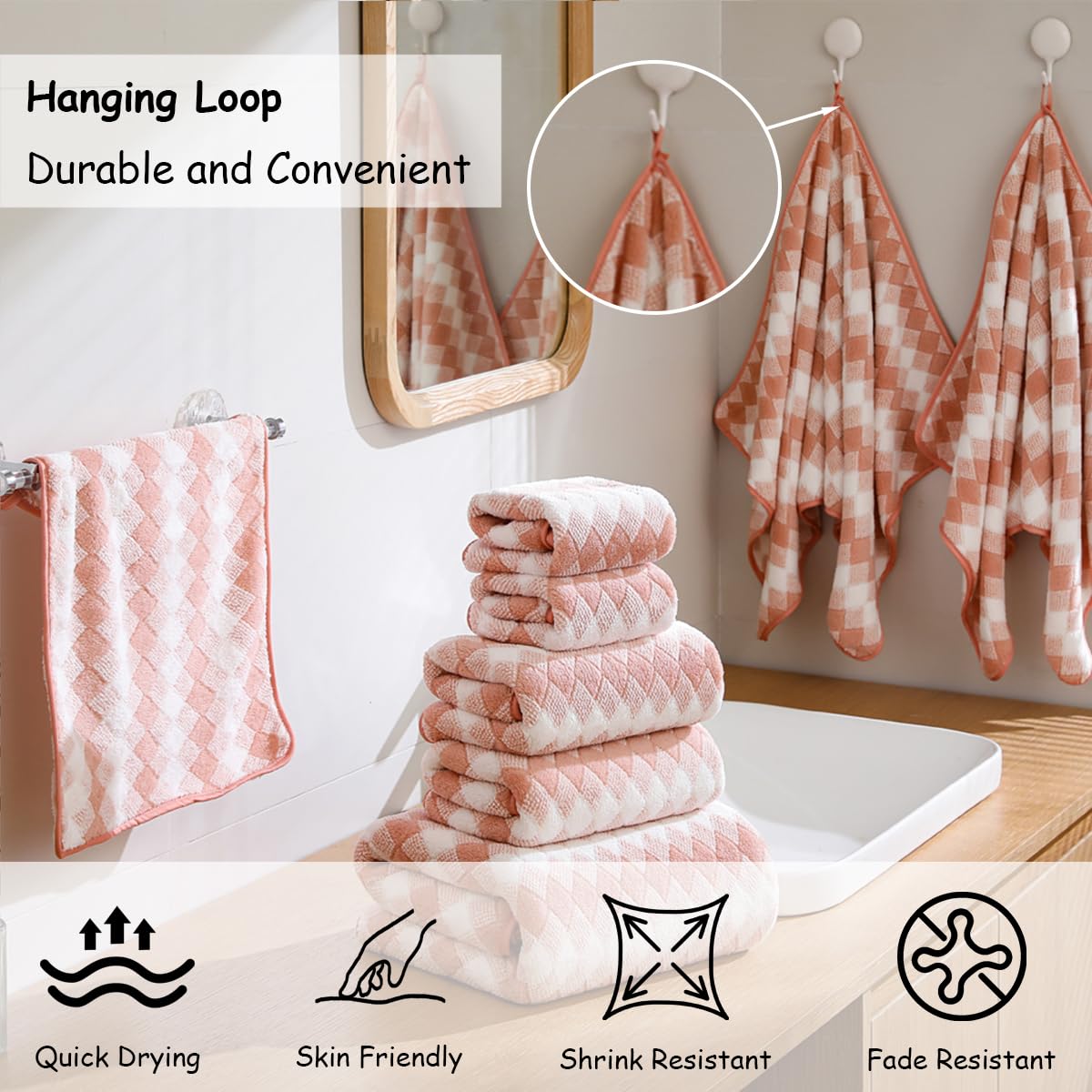 12 Pcs Light Gray Diamond Towel Set-4 Bath Towels,4 Hand Towels,4 Washcloths Soft Polyester Towels with Loop Absorbent Shower Towel Quick Dry Beach Chair Towel Family Towels for Bathroom Spa Gym Pool BST220