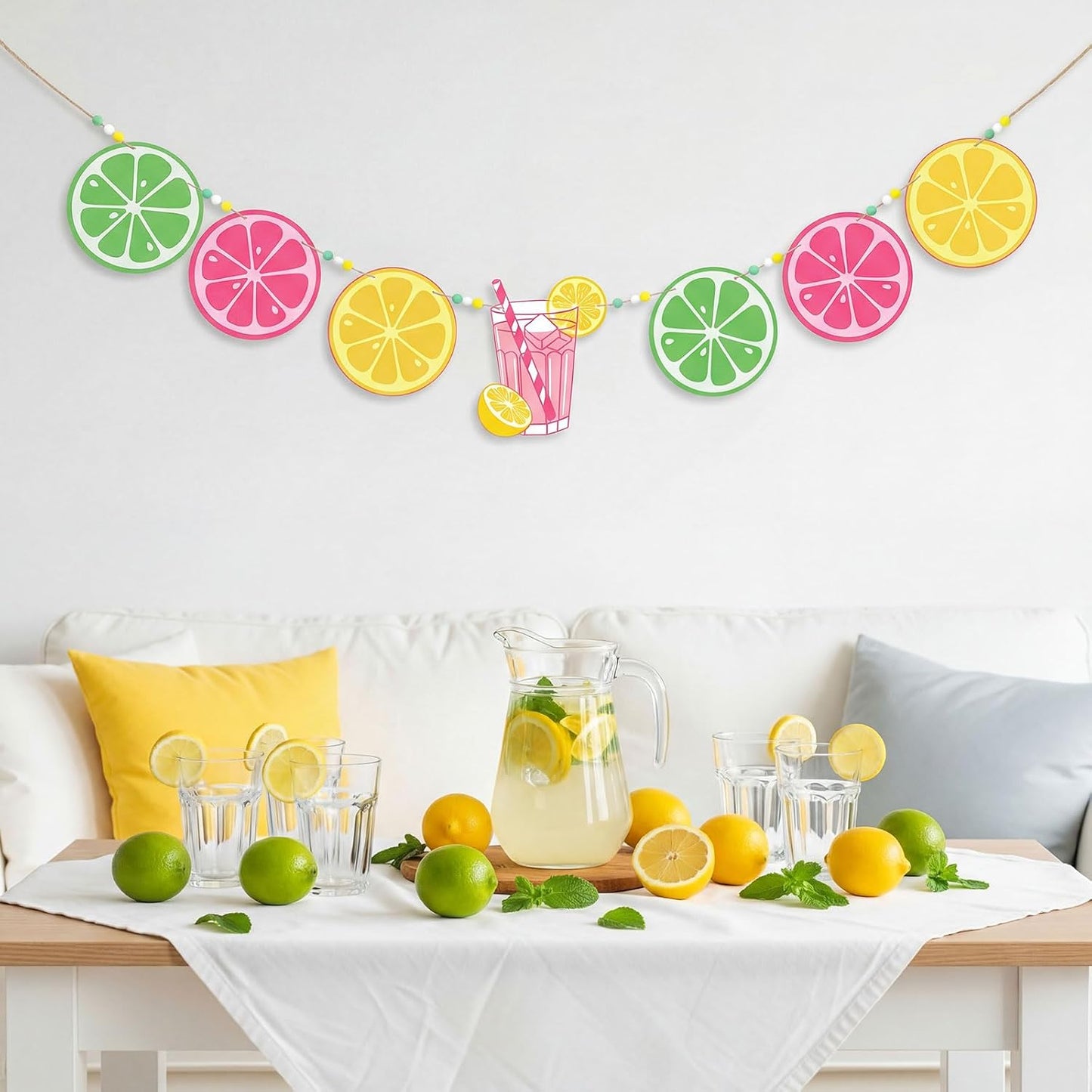 Leinuosen 2 Pcs Lemonade Stand Banner Lemonade Stand Supplies Pink Yellow Summer Party Decoration Wooden Lemon Banner with Beads for Lemon Themed Bridal Shower, Baby Shower, Birthday Supplies BST202