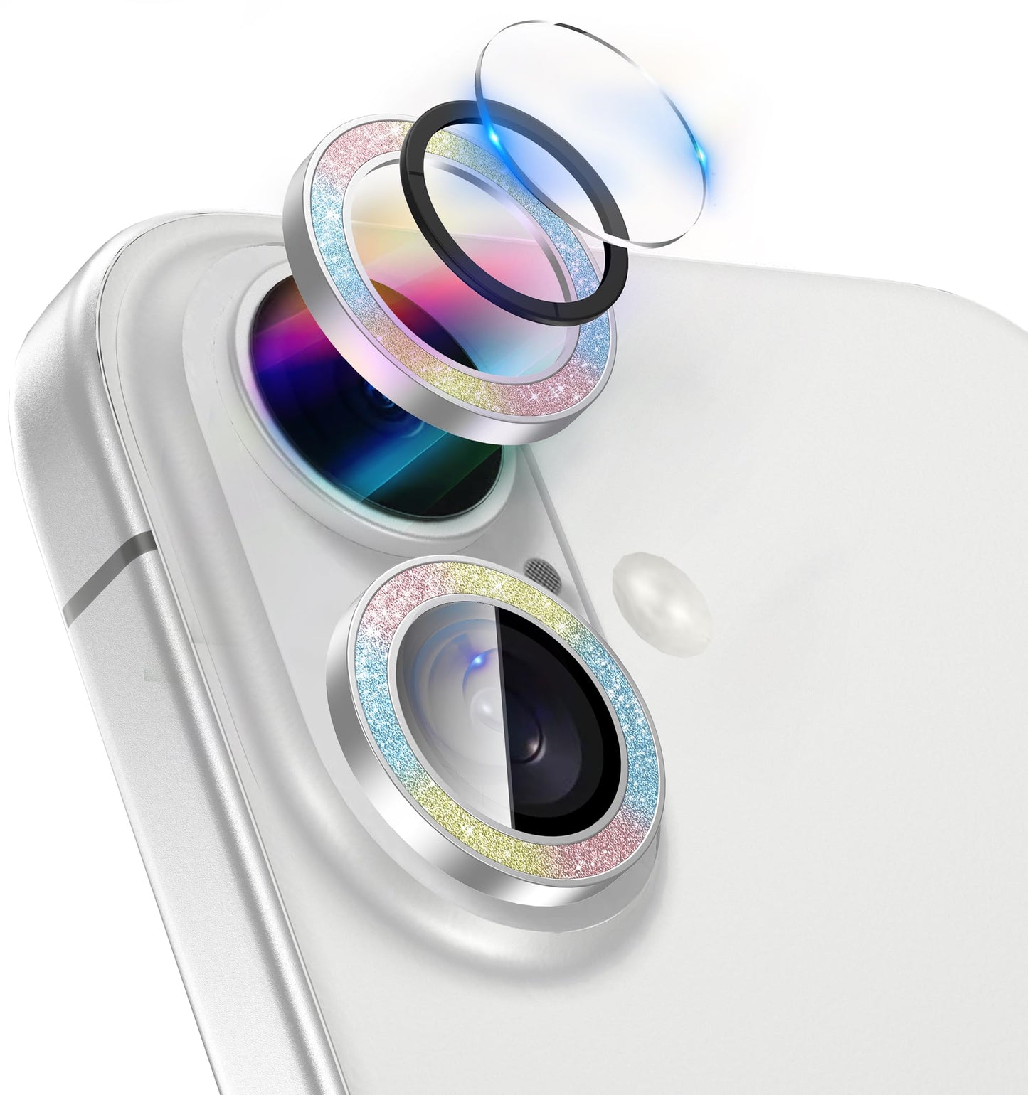 LONLI - for iPhone 16 Pro | 16 Pro Max - Triple Individual Camera Lens Protector - Rainbow Holographic Glitter WN420