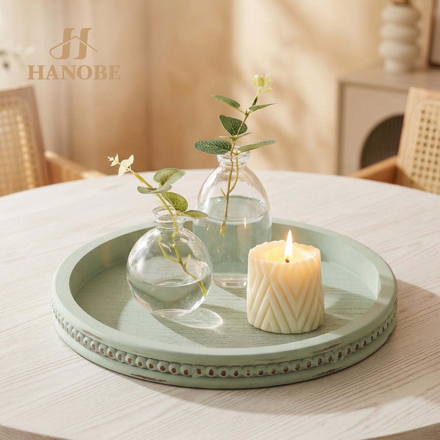 Hanobe Decorative Tray for Coffee Table: 10.5-Inch Round Whitewashed Wood Tray for Rustic Farmhouse Living Room Kitchen Island Entryway Home Decor BST326H