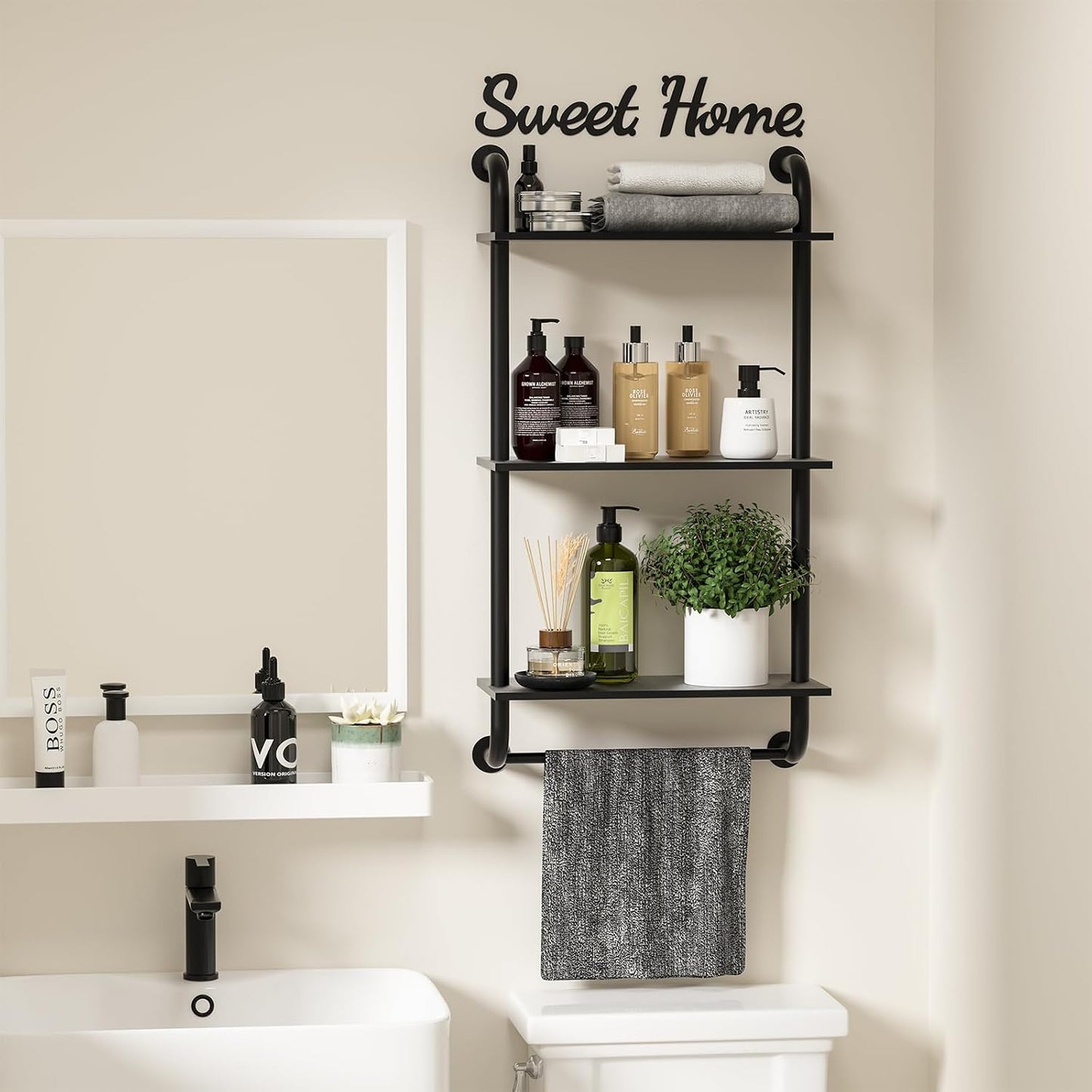 Tinpin Bathroom Shelves Wall Mounted, Rustic Farmhouse Pipe Shelves, Walls Shelf 3-Tier, Industrial Pipe Shelving, Floating Shelf Wall Decor for Bathroom, Kitchen, Bedroom, Living Room 17.3in Black DD1210