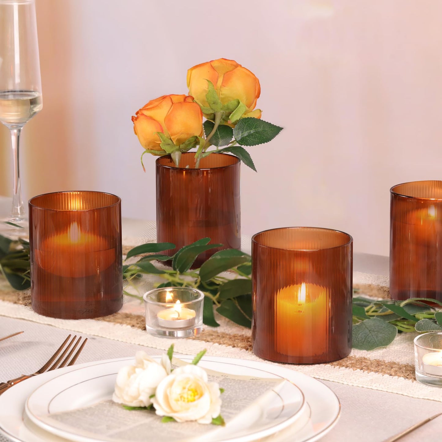 Glass Ribbed Cylinder Vases, 8 Inch Tall, Clear, Pack of 3 | Flower Vases in Bulk, Hurricane Floating Candle Vases, For Party Home Decor BST326H