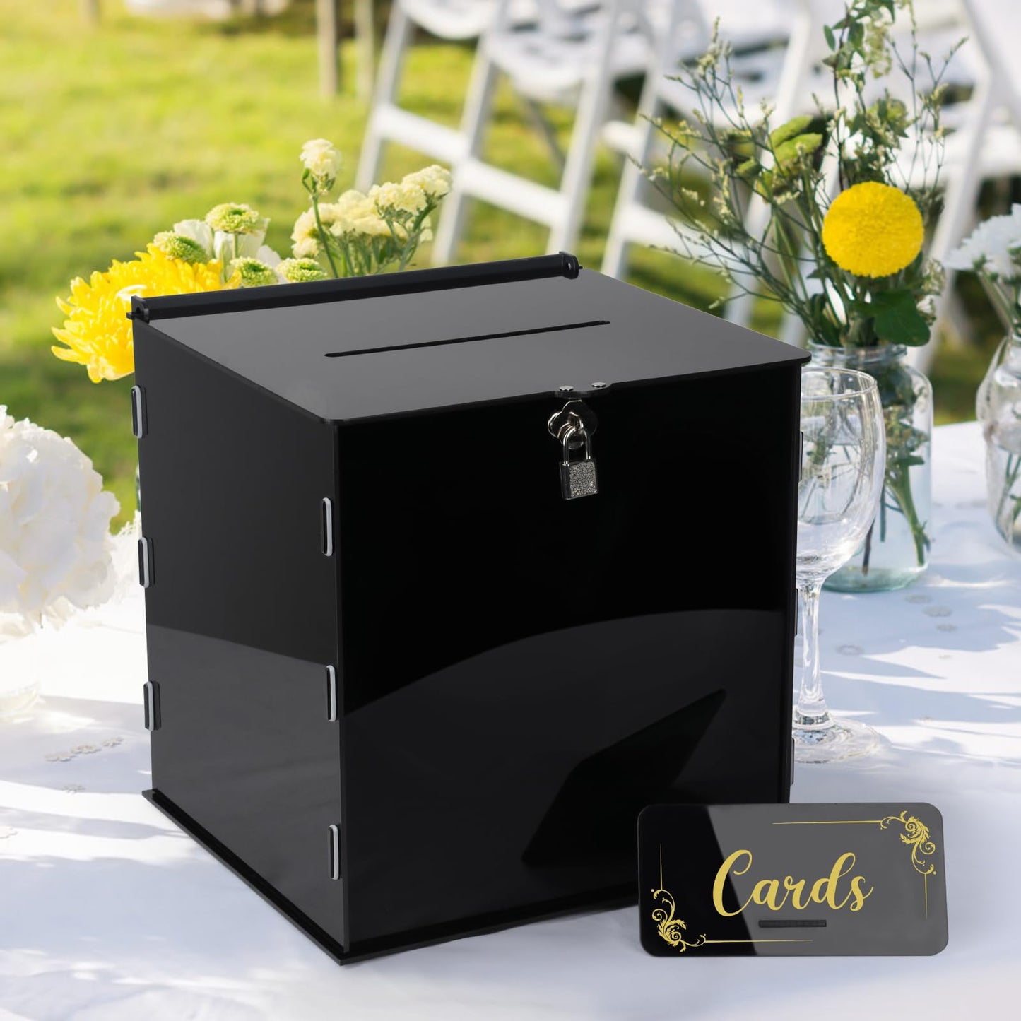 Fowecelt Acrylic Wedding Card Box with Lock Black Card Box DIY Large Rustic Card Box for Wedding Reception Bridal Shower Birthday Baby Shower Party Graduation Decorations (10x10x10 Inch) BST326H