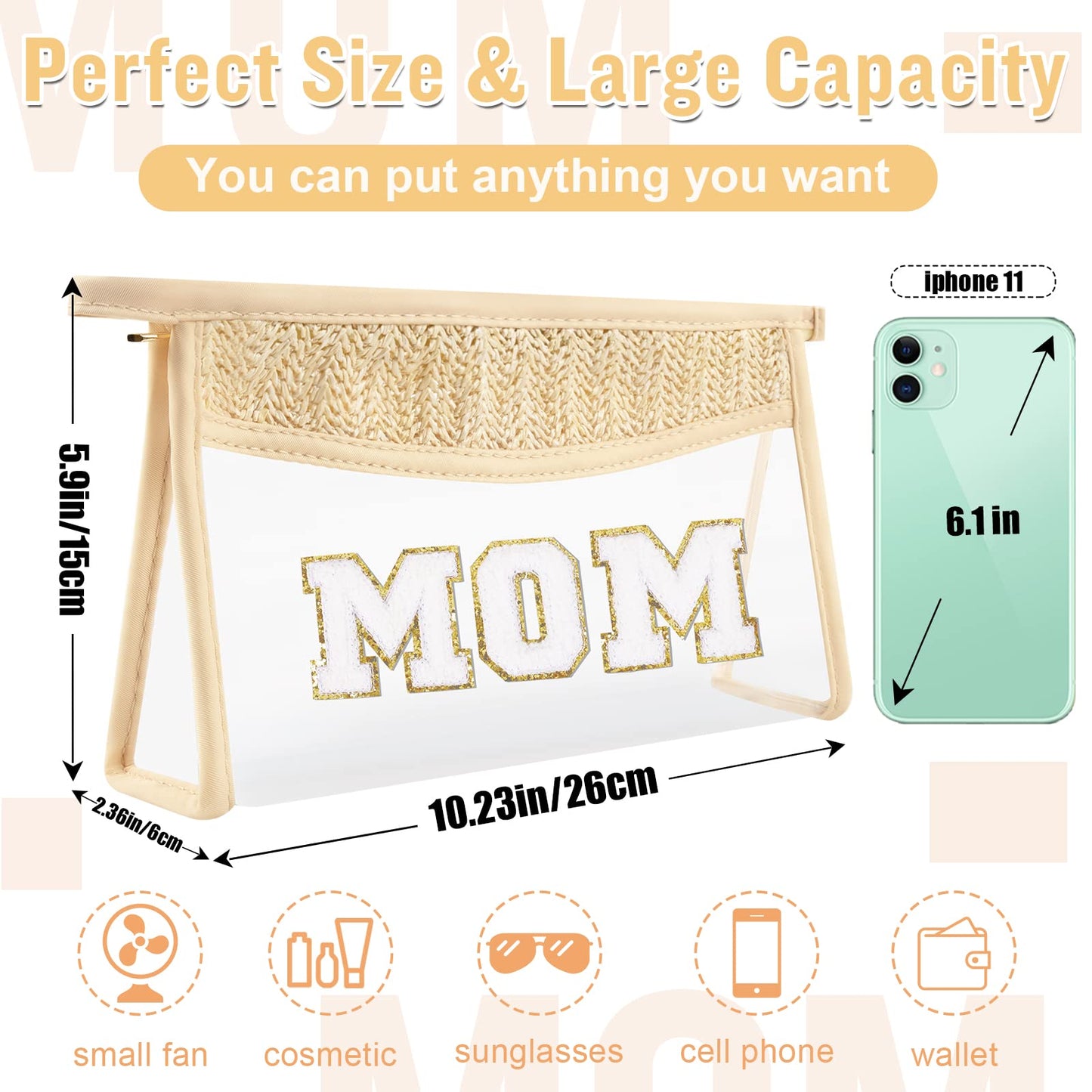 Boho Clear Makeup Bag Cosmetic Zipper Pouch Purse, Clear Toiletry Bags Travel Small Preppy Cute DIY Chenille Letter Bag, Transparent PVC Waterproof Clutch Make Up Organizer Storage Bag for Women Girls BST220