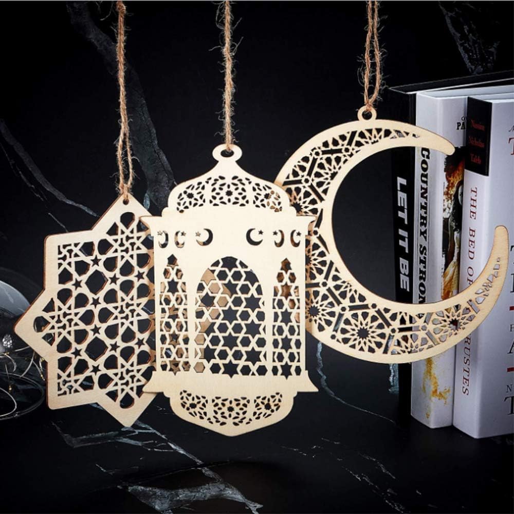 6Pcs Ramadan Decorations Wooden Ornaments Pendant Decoration | Moon Lantern Star Shape Mubarak Eid Hanging Ornament for Ramadan Mubarak Eid Decorations BST202