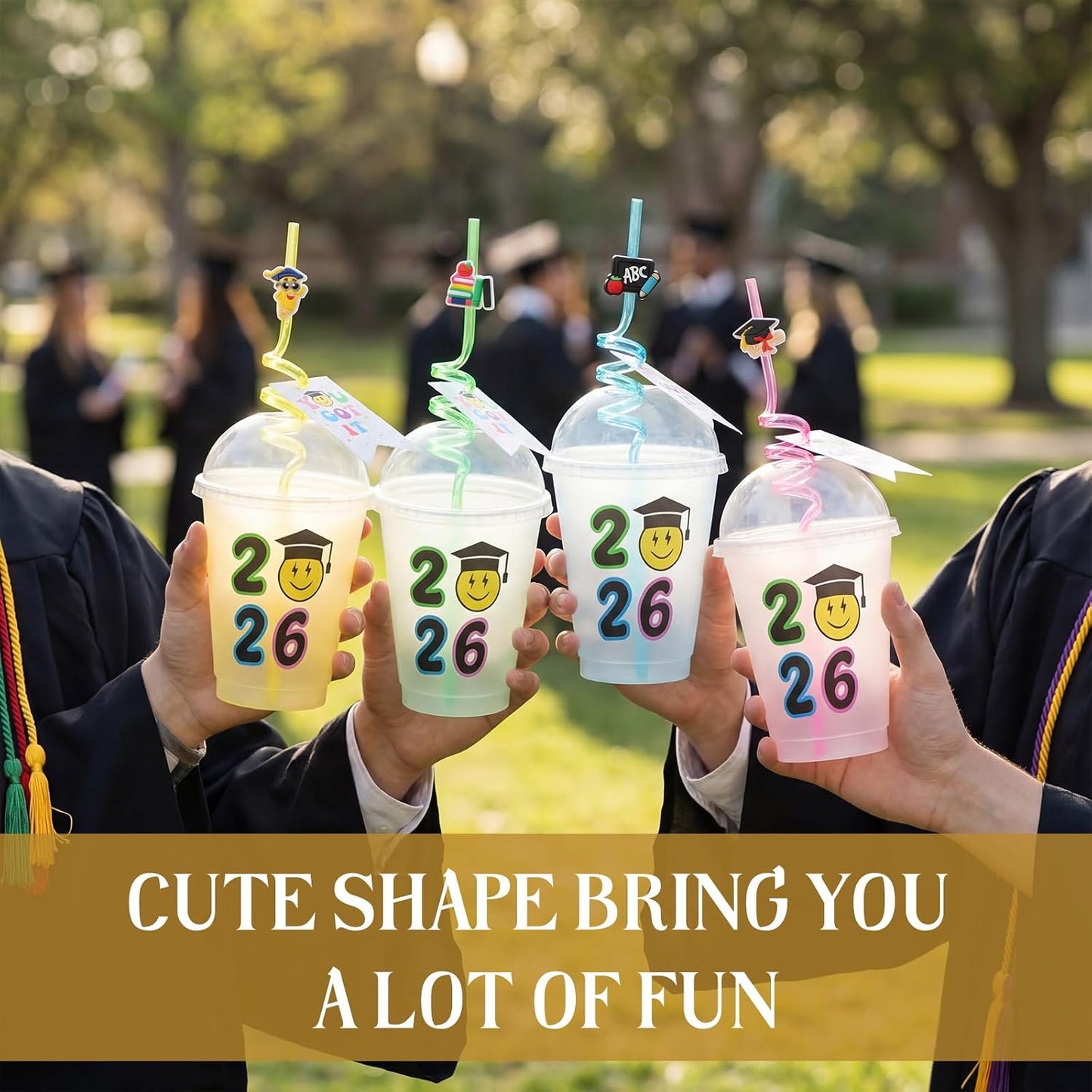 Domensi 24 Sets Graduation Plastic Cups with Lids Spiral Straws Tag Card Class of 2026 Congrats Grad Drinking Mugs 16 oz Gifts Tumbler for Preschool Middle School Graduation Party Favor BST220