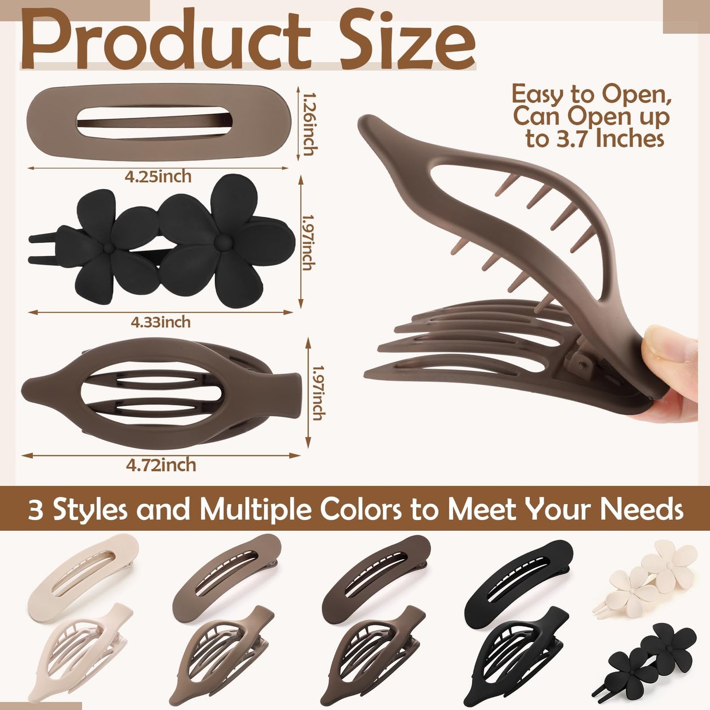 8 Pcs Flat Hair Clips for Women, 2 Styles Large Flat Claw Clips for Women, Strong Hold Non-slip French Hair Clips for Thick Thin Hair, Neutral Color WN420