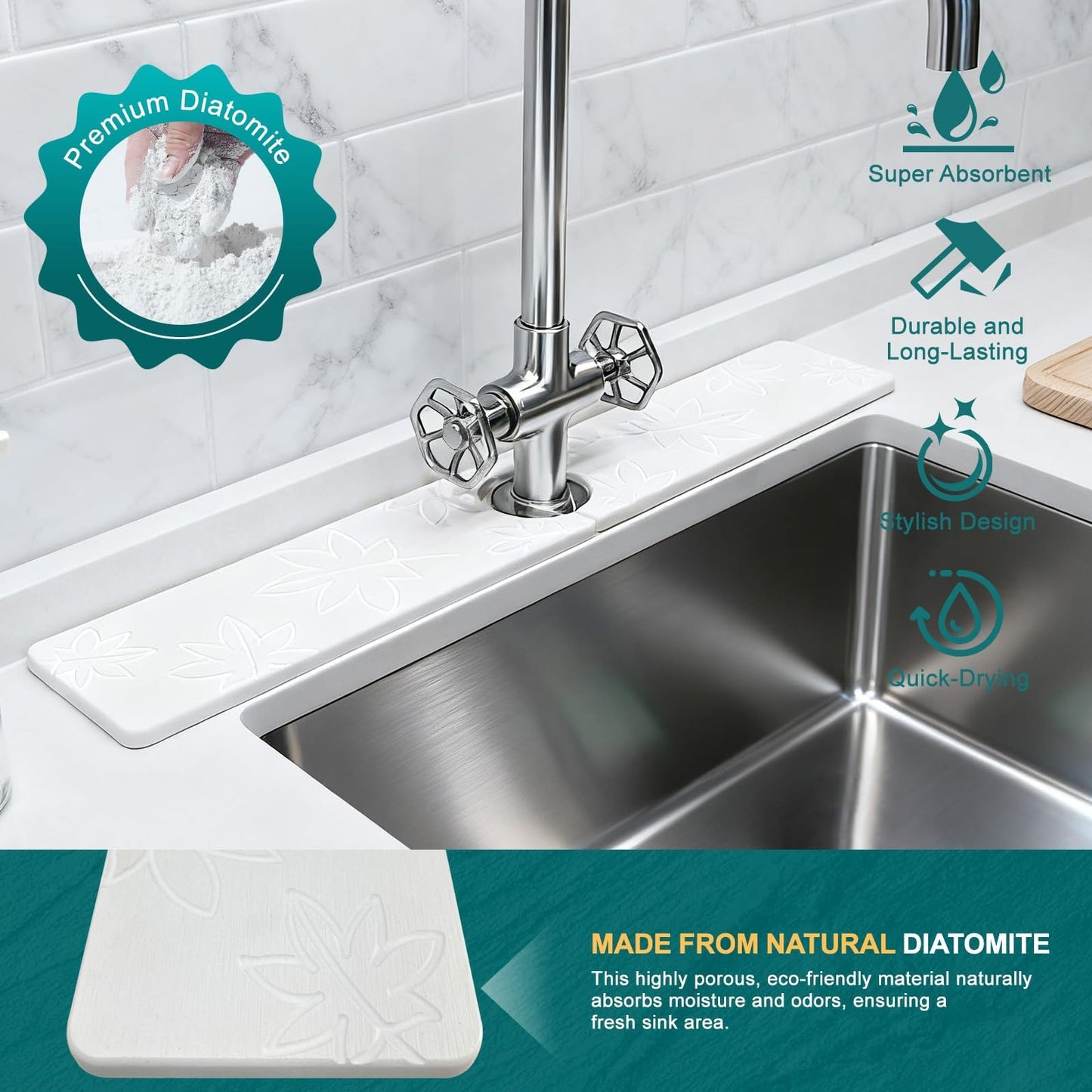 Hopegiver Stone Faucet Mat for Kitchen Sink - Fast Drying Diatomite Sink Protector Prevent Moisture, Super Water Absorbing Stone Tray for Kitchen & Bathroom Counter (White, 15.7"x3.9") BST326H
