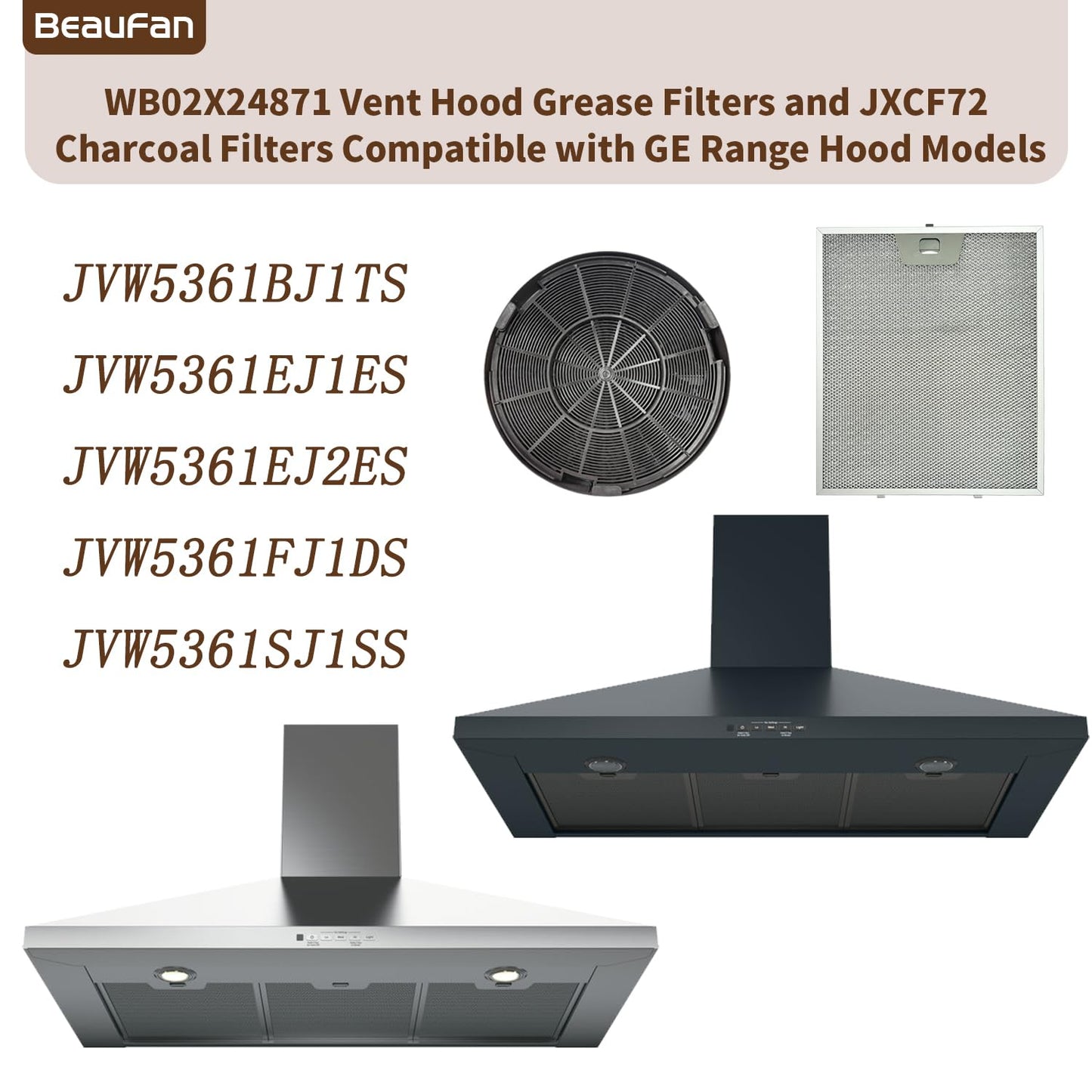 2 Pack WB02X24872 Range Vent Hood Grease Filter & 2 Pack JXCF72 WB02X24842 Charcoal Filter Compatible with GE Range Hoods JVW5301EJ1ES, JVW5301SJ1SS, JVW5301BJ1TS, JVW5301FJ1DS, JVW5301EJ2ES BST220