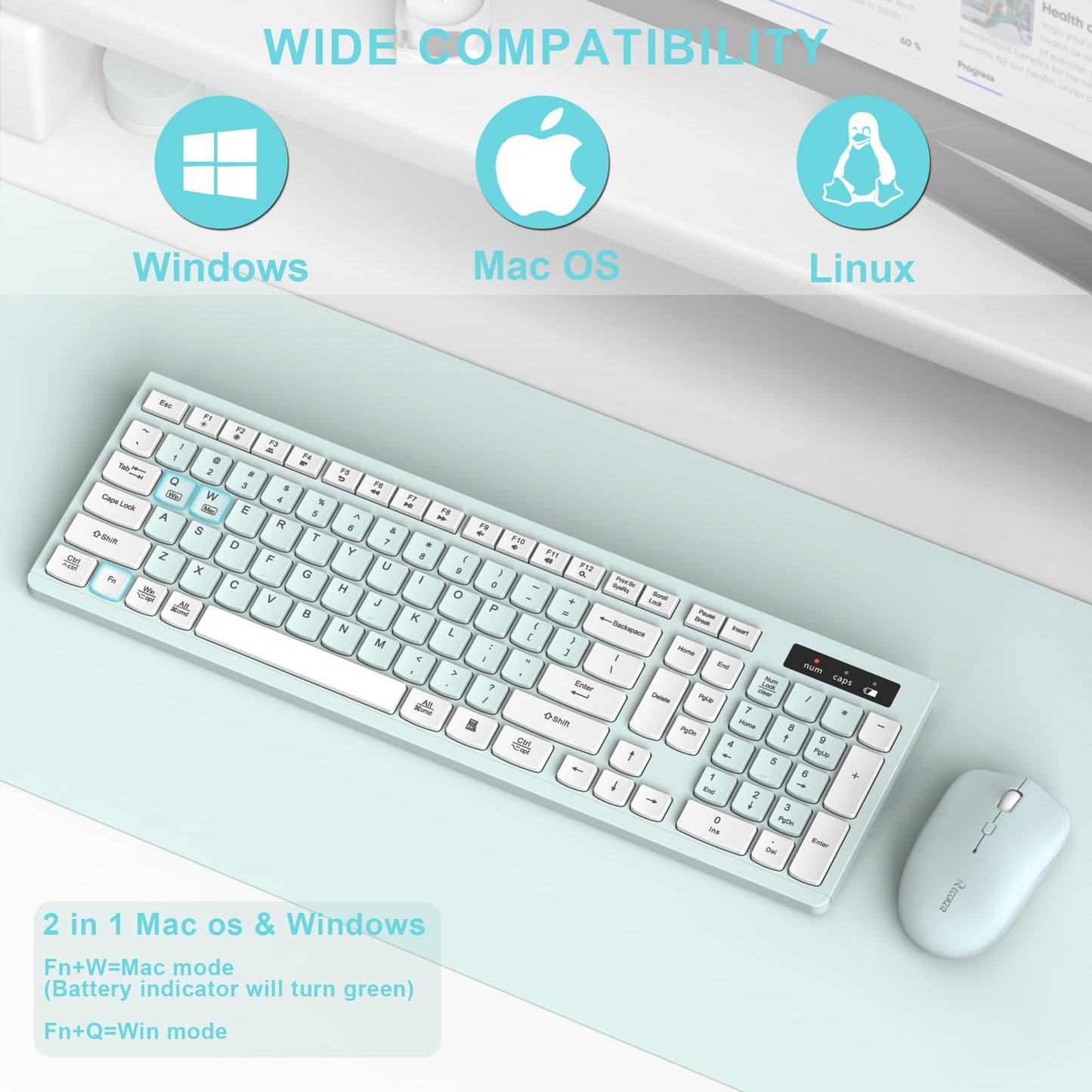 Wireless Keyboard and Mouse Combo, Full-Sized Wireless Keyboard and Adjustable DPI Mouse, 2.4GHz USB Receiver, Silent Keyboard and Mouse for PC, Windows, MAC, Desktop, Laptop (Avocado Green)