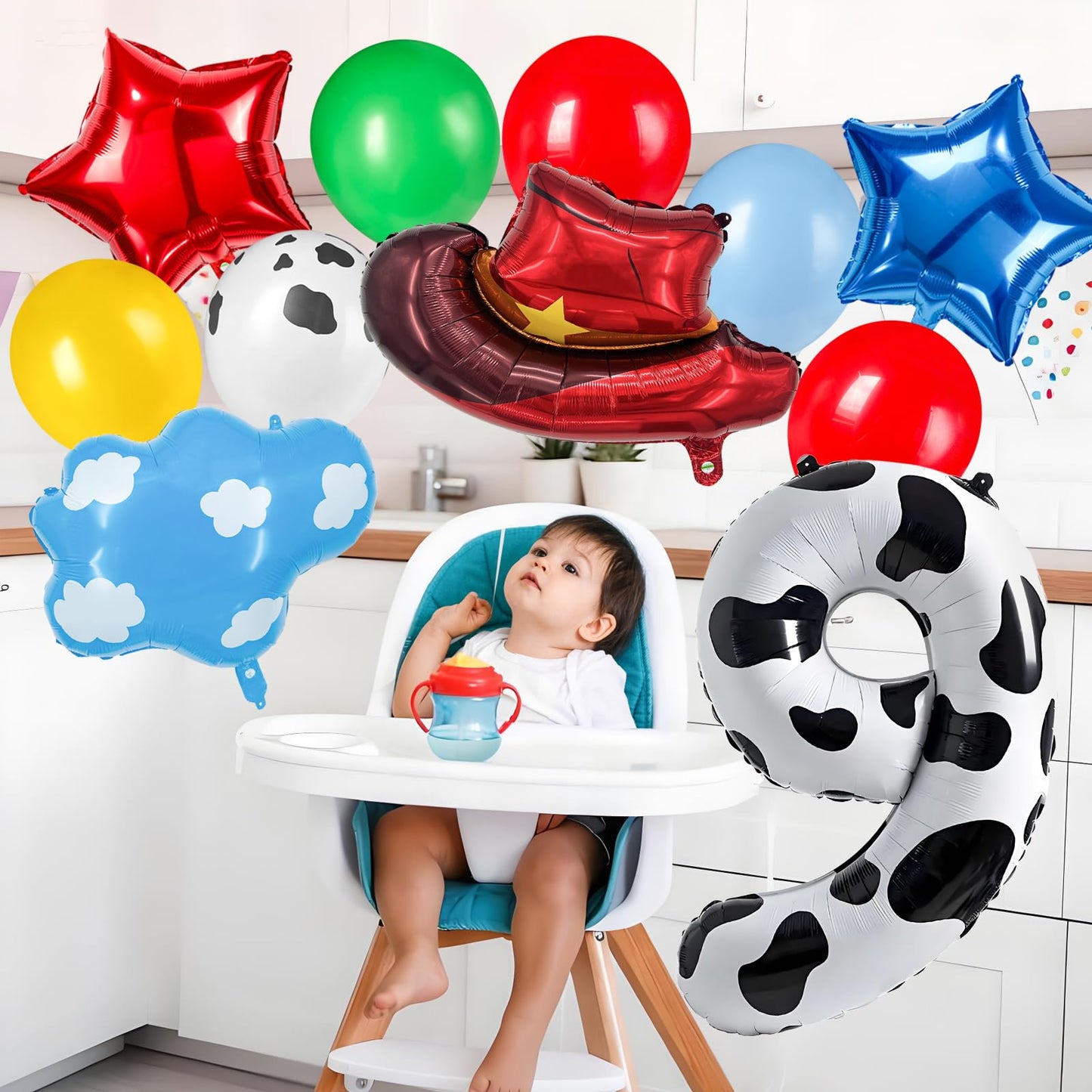 11-Pack Cowboy Theme Balloon Set, Farm Theme Decorations, Balloons with Hats and Clouds, Boys and Girls Birthday Party Supplies (1) BST202