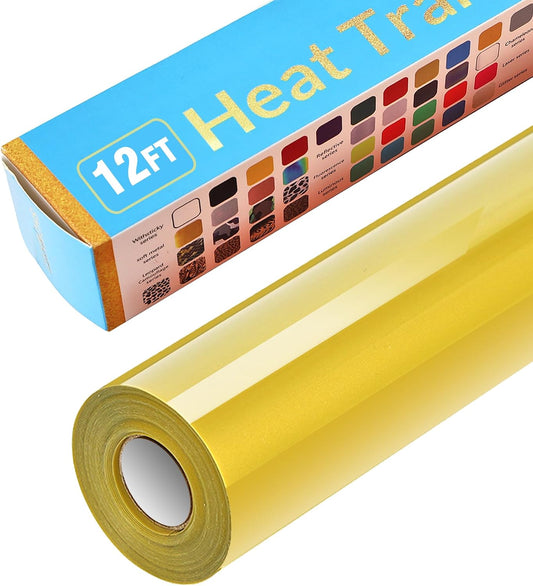 Golden Heat Transfer Vinyl Rolls 12 Inch by 12feet Roll HTV Iron on Vinyl DIY for T-Shirt Easy to Cut & Weed for Heat Vinyl Design Glossy (12Ft, Golden) WN420