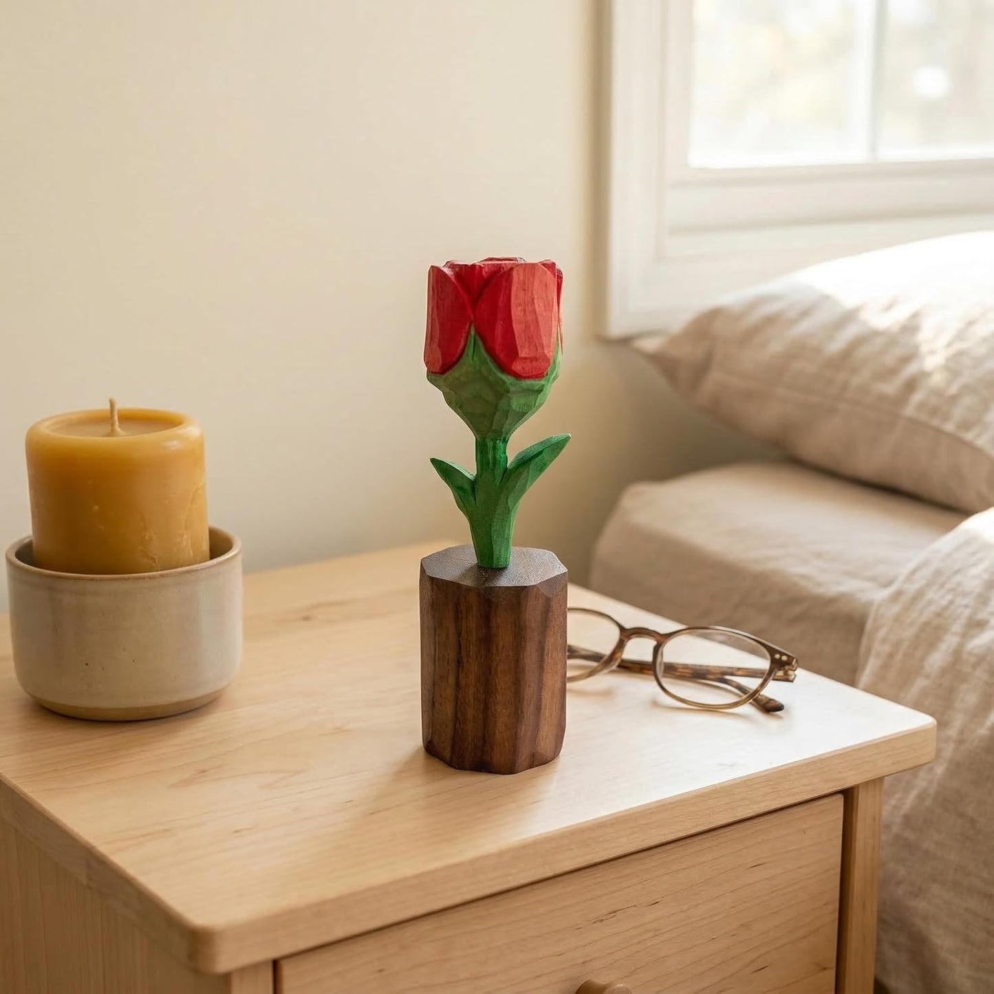 Wood Rose for 5th for Wife - Handcrafted Basswood Flower Figurine - Romantic Valentine's Day Birthday Gift for Her - Everlasting Wooden Sculpture with Gift Box (Red) BST220