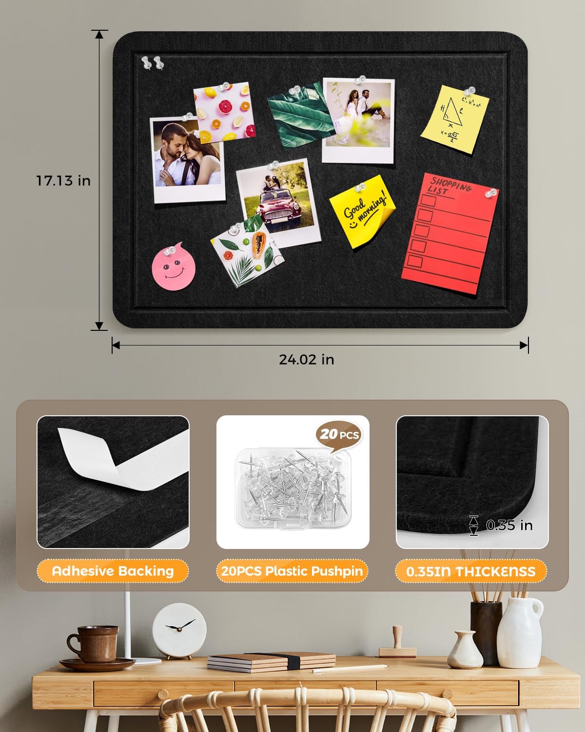 Bulletin Board, 24 x 17 inches Decorative Felt Pin Board for Wall, Foldable Felt Notice Photo Display Board with Self-Adhesive Tape for Office Home School, with 20 Pushpin(Black) BST202