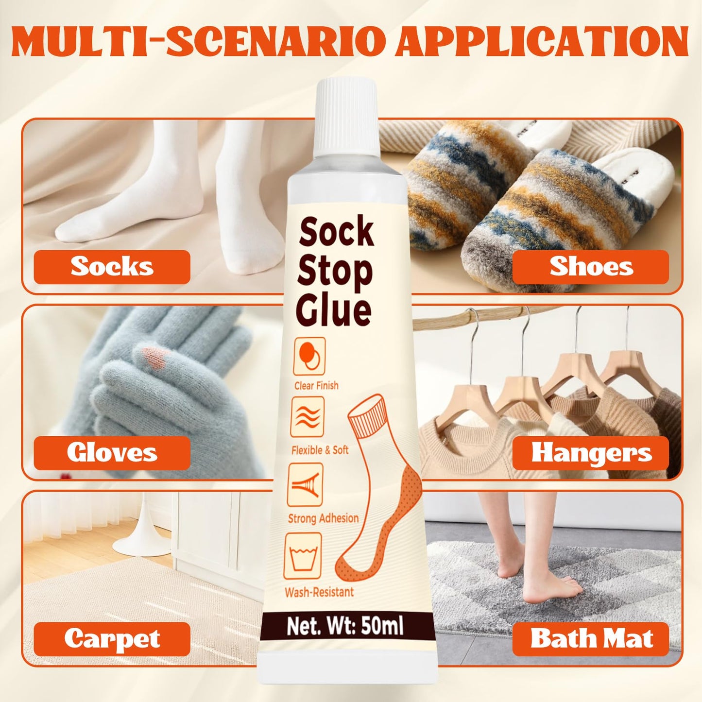 Sock Stop, Transparent Waterproof Sock Glue for Bath Mat, Anti Slip Socks, Carpets, Blankets, Washable Sock Stop Anti Slip Adhesive with Tip Applicator to Enhanced Grip (50ml) BST220
