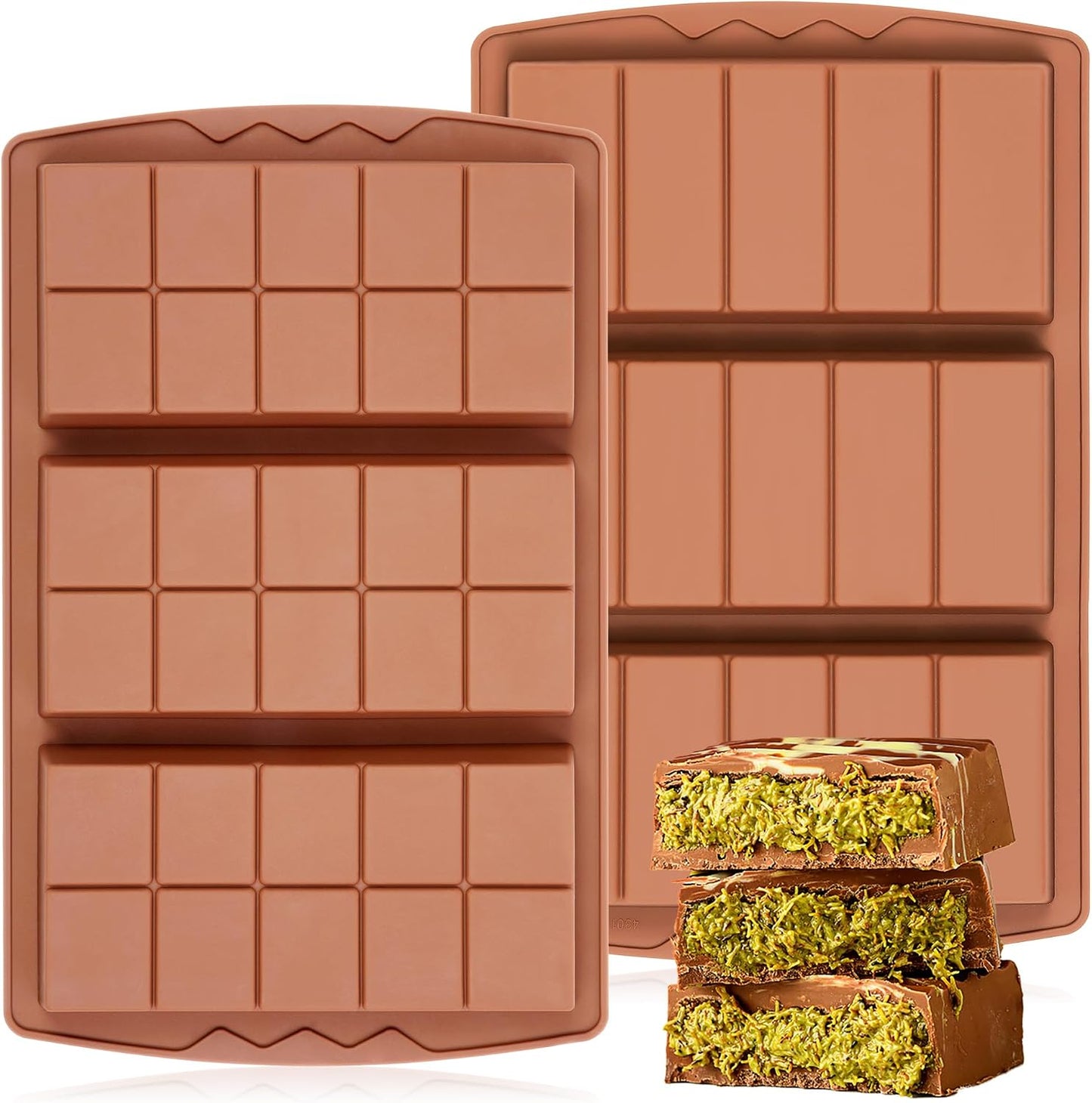 KASHME 2 Pcs Chocolate Bar Mold Deep Dubai 0.85 Inch Stuffed Chocolate Molds Silicone Large Break Apart Silicone Molds (10 Snap + 5 Snap） BST326L