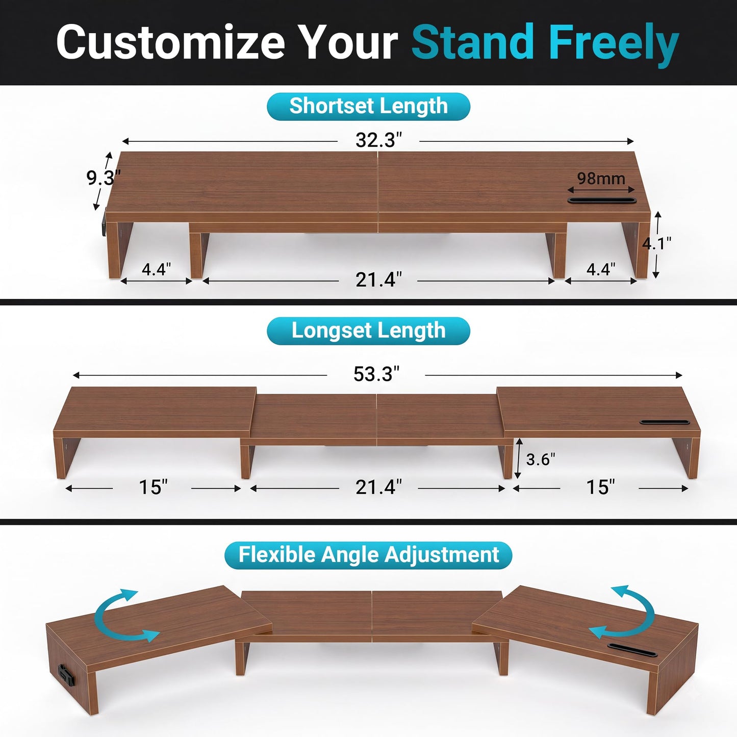 BONTEC Dual Monitor Stand Riser, Adjustable Length & Swivel Angle, Pink | Ergonomic Wooden Desktop Organizer with Smartphone Holder, Computer Monitor Stand for PC, Laptop, Printer and Large Storage BST202