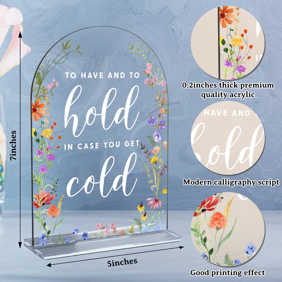Acrylic Wedding Signs, Pick A Card Signs for Marriage Reception, Bridal Shower Decorations, Modern Arched Round Top Acrylic Table Top Sign with Holder for Wedding Party Dinner (Clear Wildflowers) BST326L
