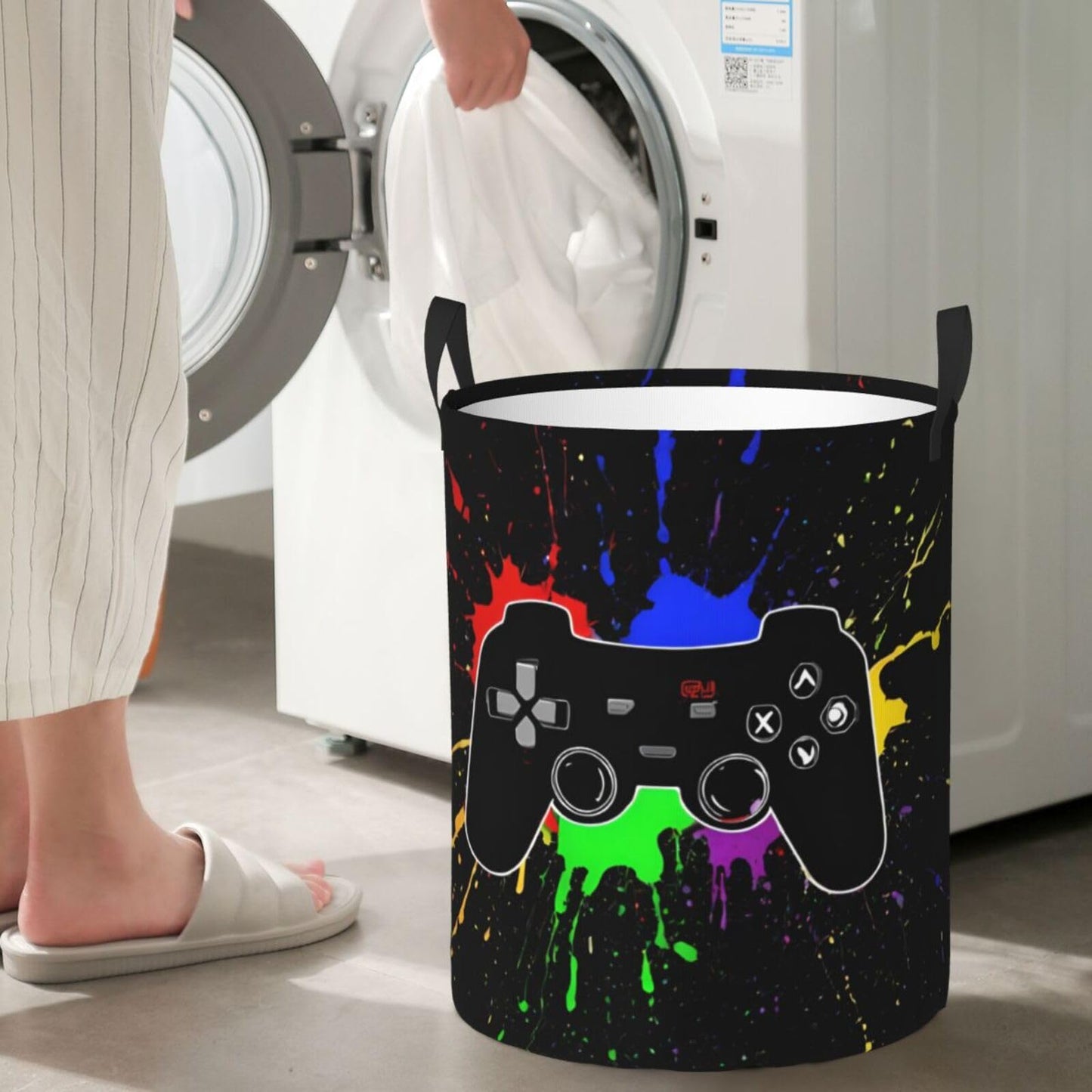 38L Round Laundry Hamper Video Game Controller Background Storage Basket Waterproof Coating Gaming Gadgets Organizer Bin For Nursery Clothes Toys BST202