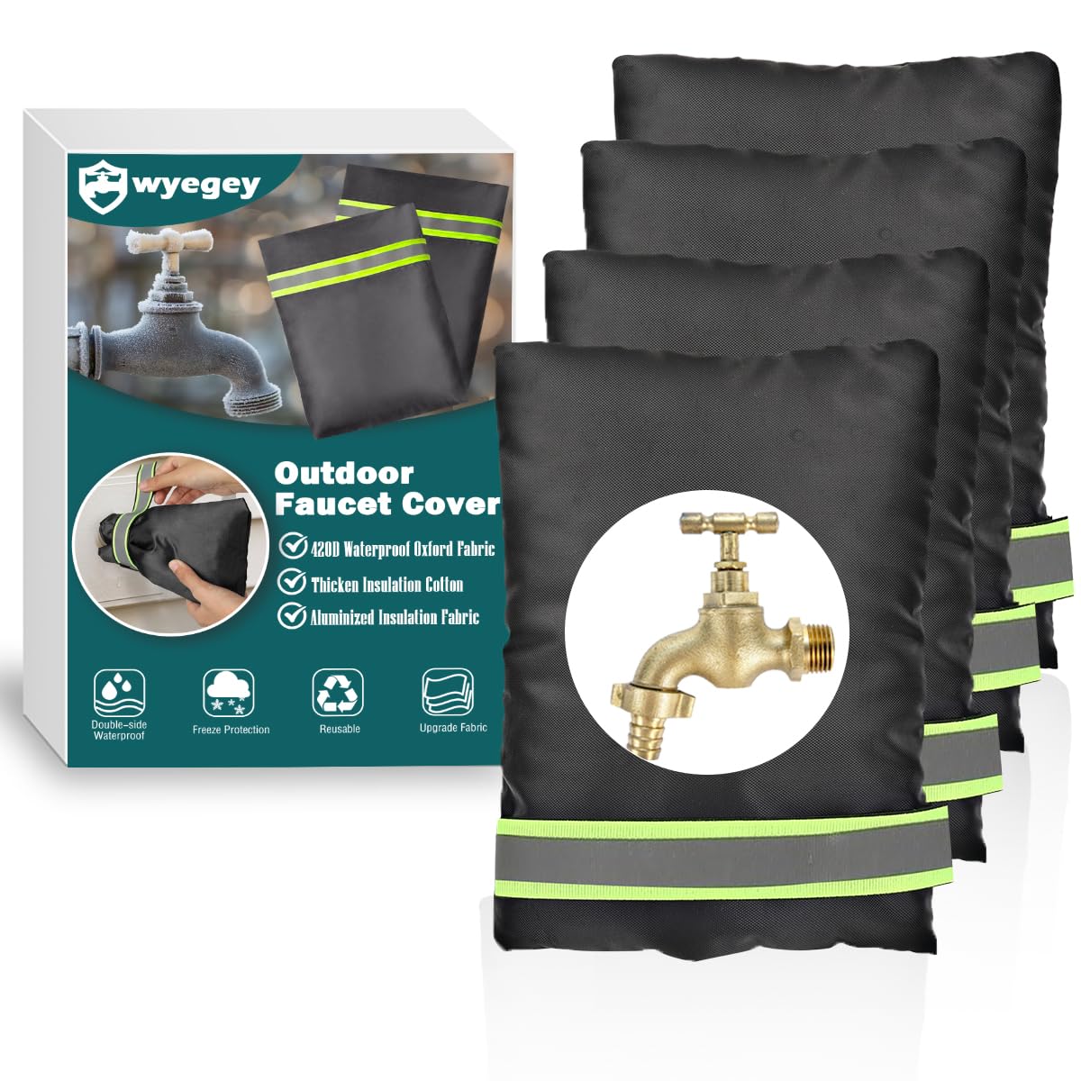 Outdoor Faucet Covers for Winter Freeze Protection, 4 Pack 7" W x 9" H Thicken Faucet Covers for Winter Insulated, Spigot Covers Hose Bib Cover for Winter with Aluminized Thermal Insulation Fabric WN420