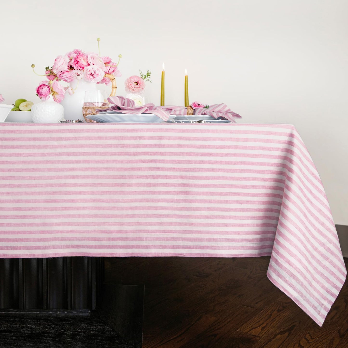 Solino Home 100% Linen Table Cloth, Throw, 52 x 52 in, Coral, Amalfi Stripe | Striped Linen Tablecloth a neat topper for bistro, card and side tables | Coral and White | Pure Linen | OEKO-TEX Certified BST326SOLH